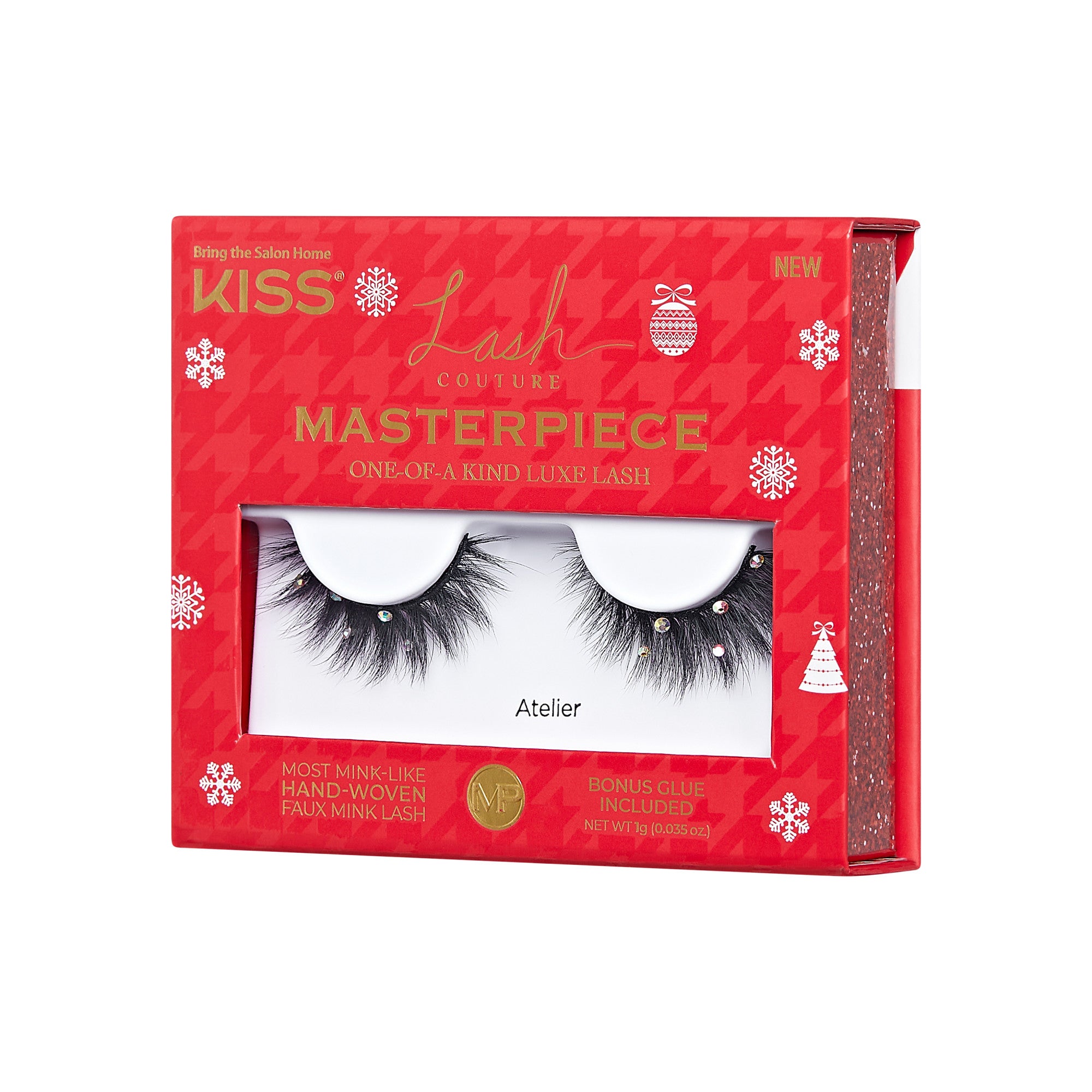 Red holiday-themed packaging featuring a pair of black, hand-woven faux mink false lashes adorned with small rhinestones, labeled \