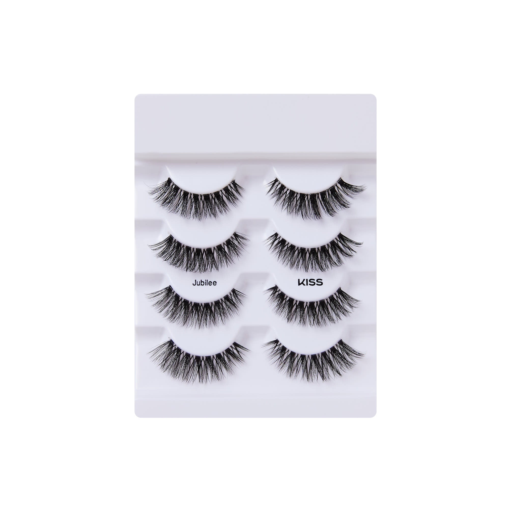 Four pairs of black faux mink false eyelashes arranged in a white plastic tray with \