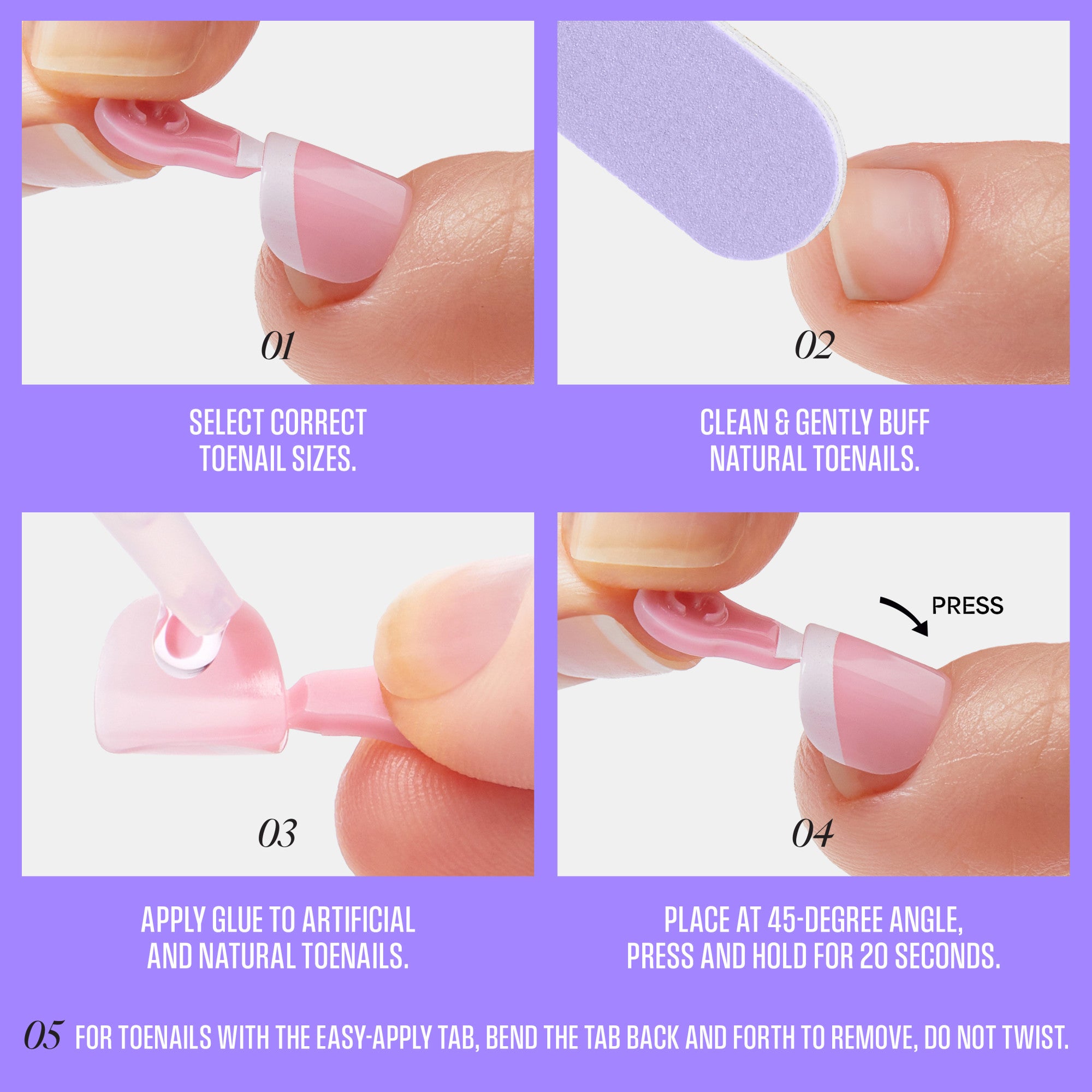 Nail application guide: Select size, buff nails, apply glue, press at 45 degrees for 20 seconds.