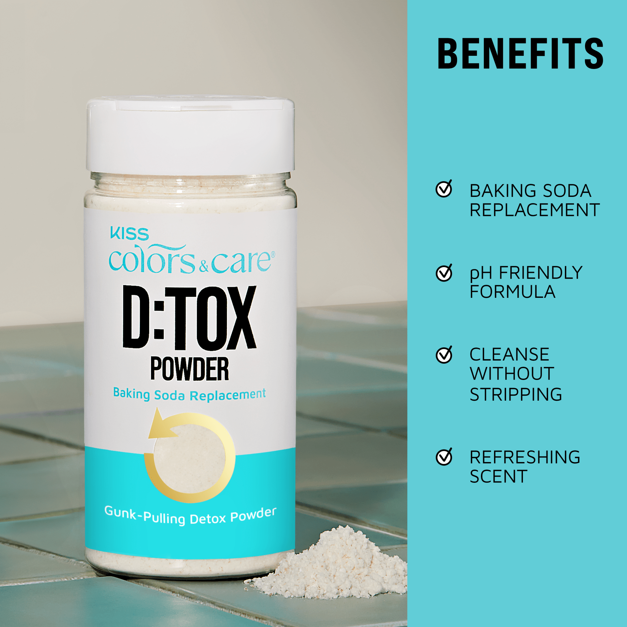 Kiss Colors & Care D:TOX Powder container with benefits listed on a teal background