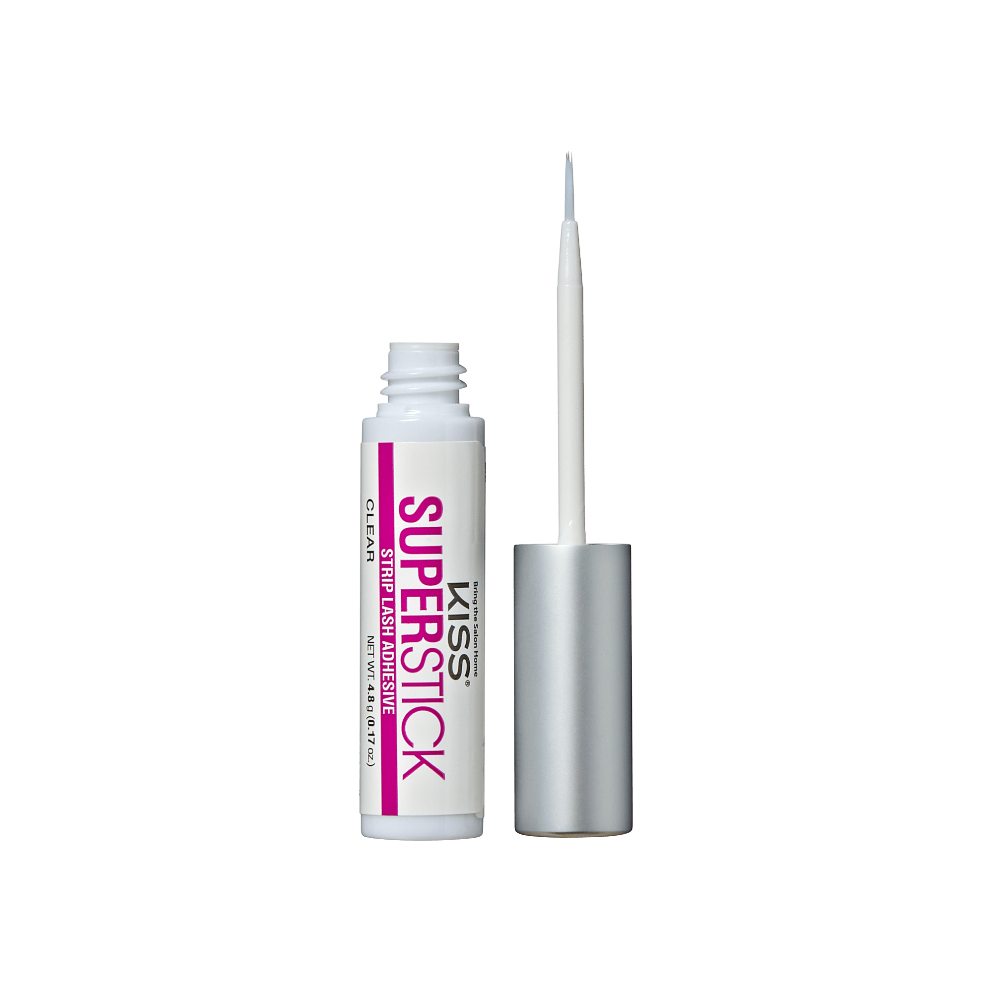 Tube of KISS Superstick clear strip lash adhesive with silver cap removed, showing thin applicator brush and bold pink logo on white label.