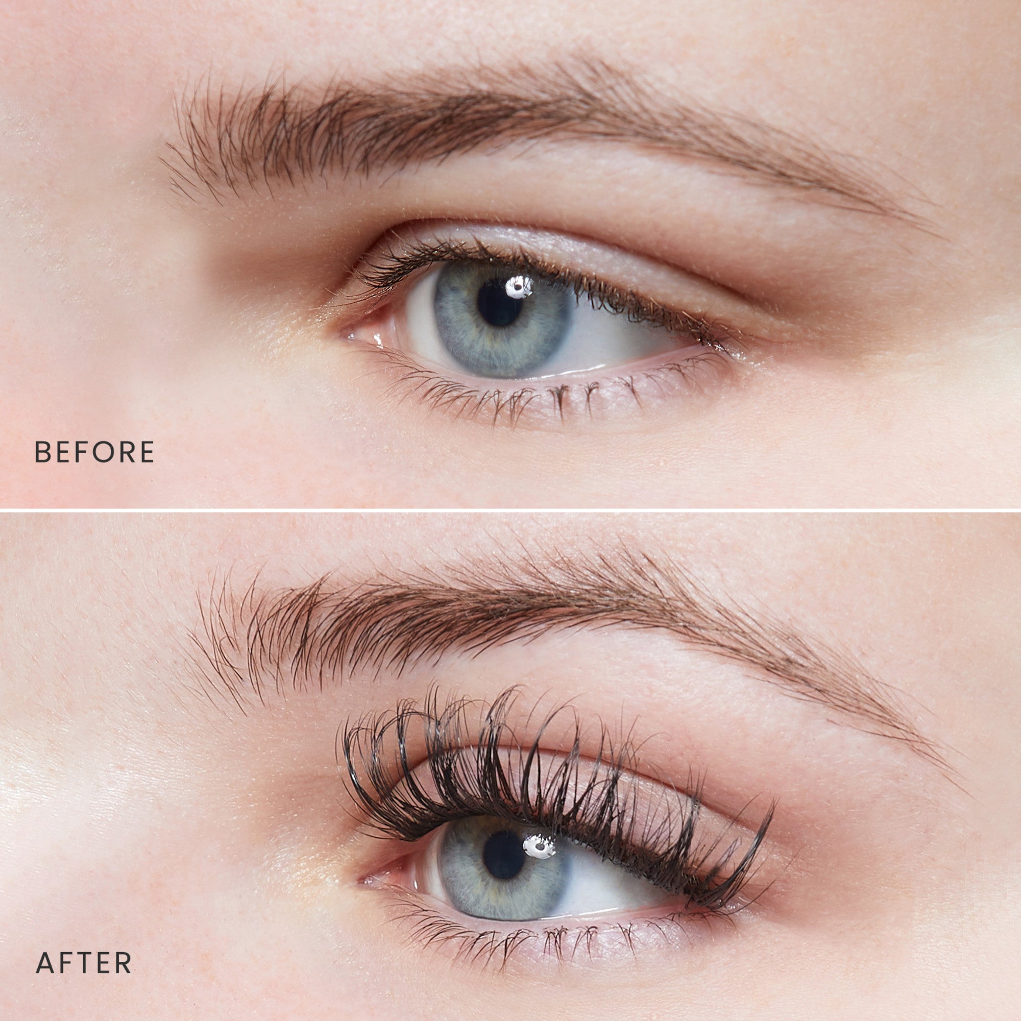 Close-up comparison of an eye before and after applying FALSCARA Lengthening Wisps, showing natural lashes versus noticeably longer, fuller lashes.