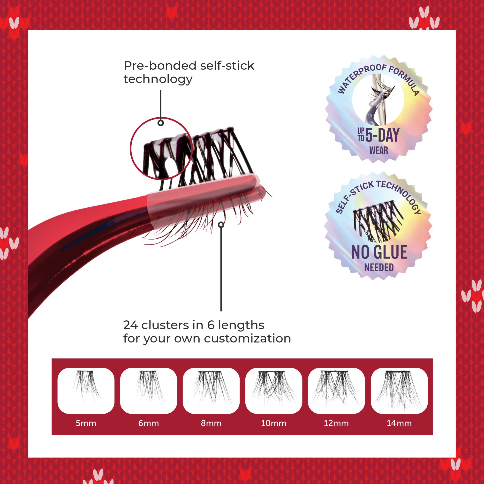 False lashes product with pre-bonded self-stick technology, waterproof, 24 clusters in 6 lengths.