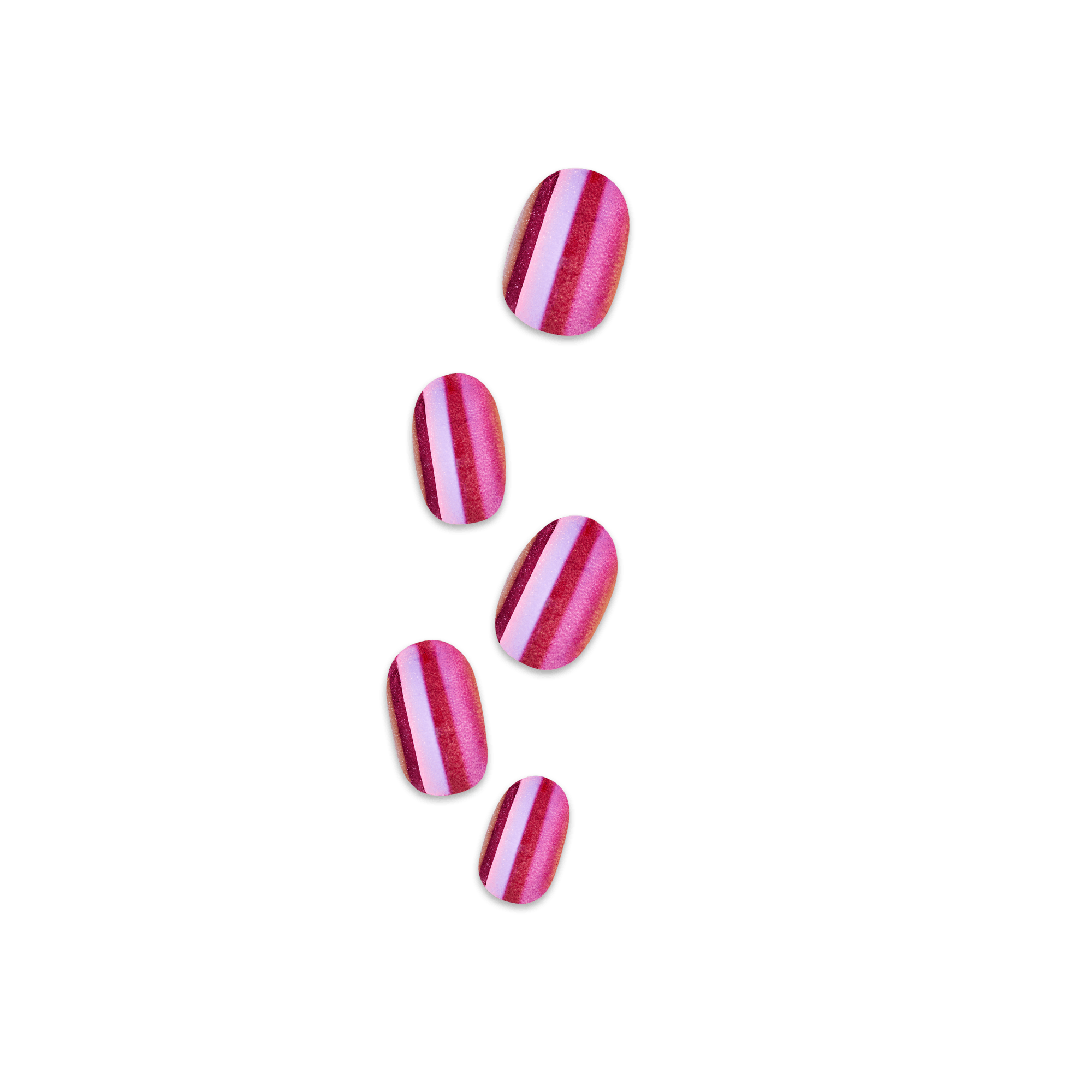 Shiny press-on nails with a striped design in shades of pink, red, and white, shown in a vertical arrangement on a plain background.