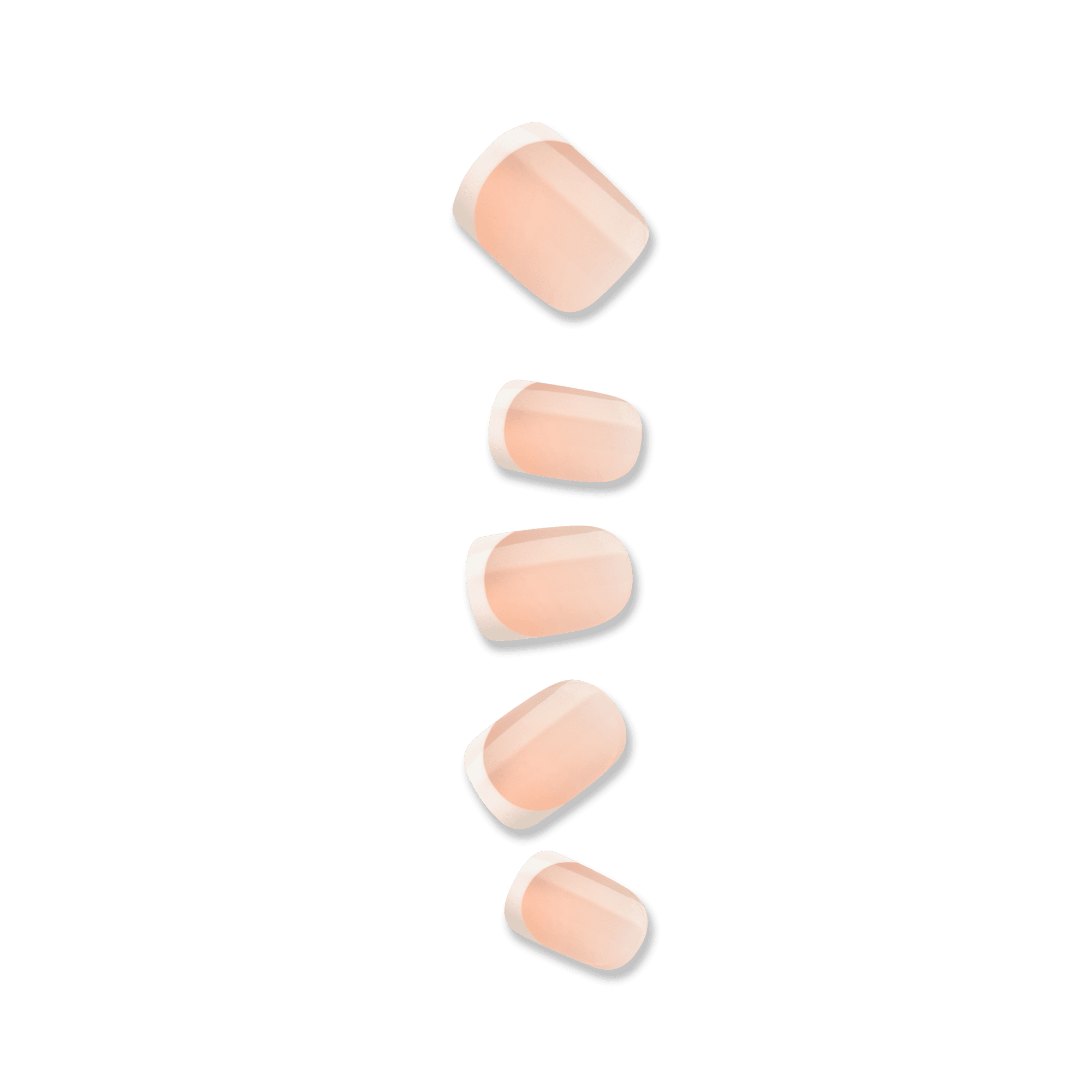 Set of five press-on nails in a soft nude beige color with classic white French tips, shown against a transparent background.