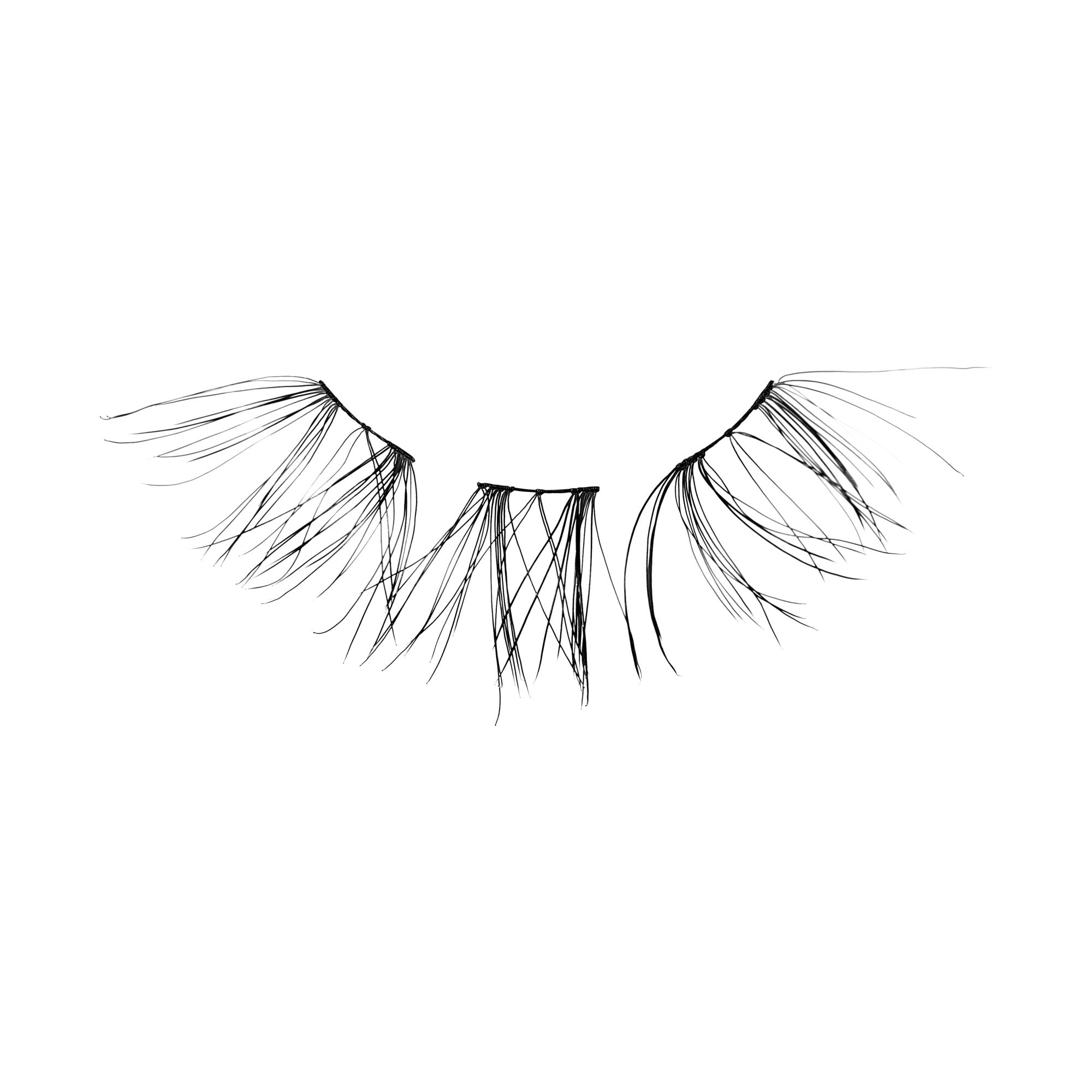 Black wispy false eyelashes with thin, separated strands displayed on white background, showcasing a natural and delicate design.