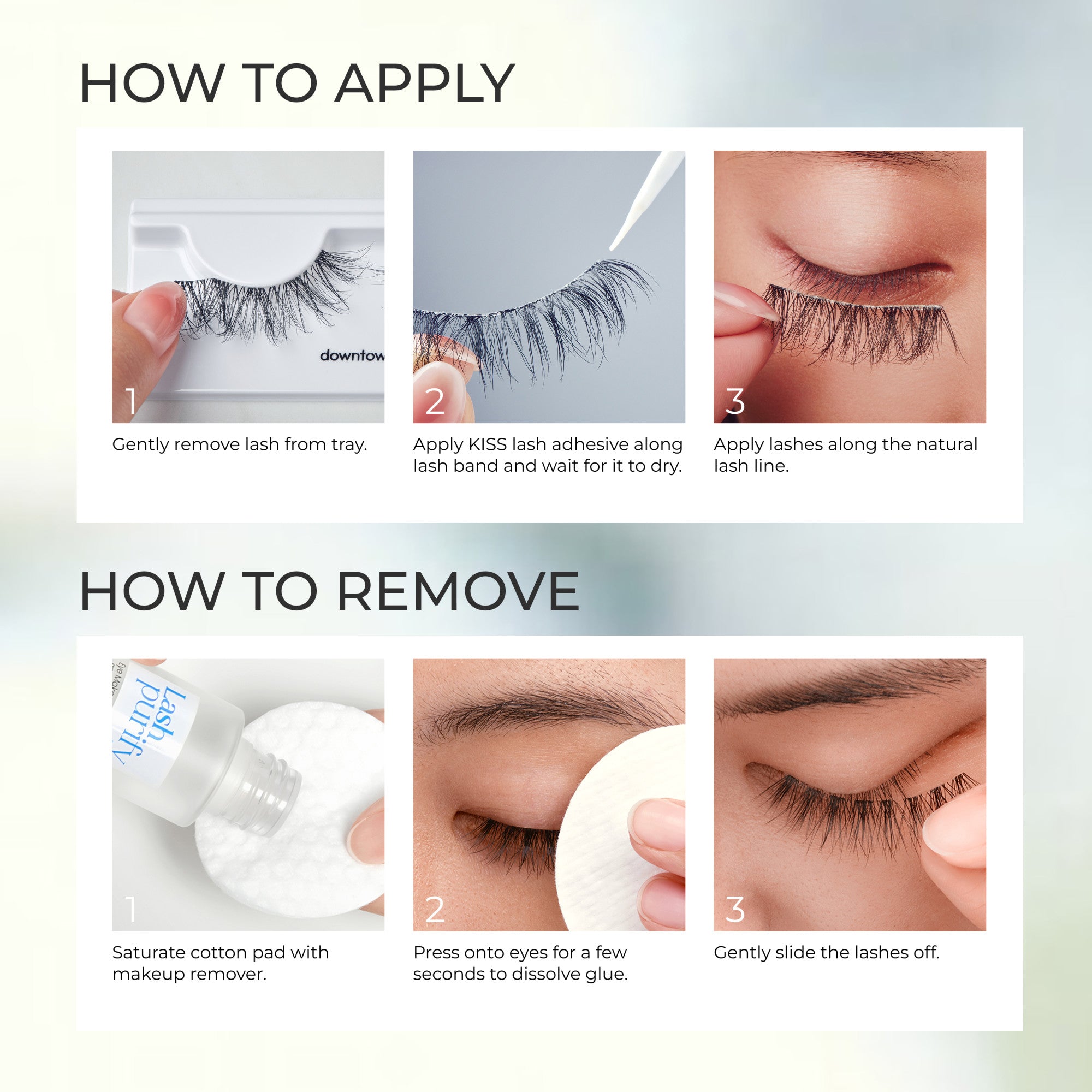 Step-by-step instructions for applying and removing KISS Lash Couture The Muses Collection - Duchess false lashes, showing removing lashes from tray, applying adhesive to lash band, placing lashes on natural lash line, removing makeup remover on cotton pad, pressing on eyes to d…