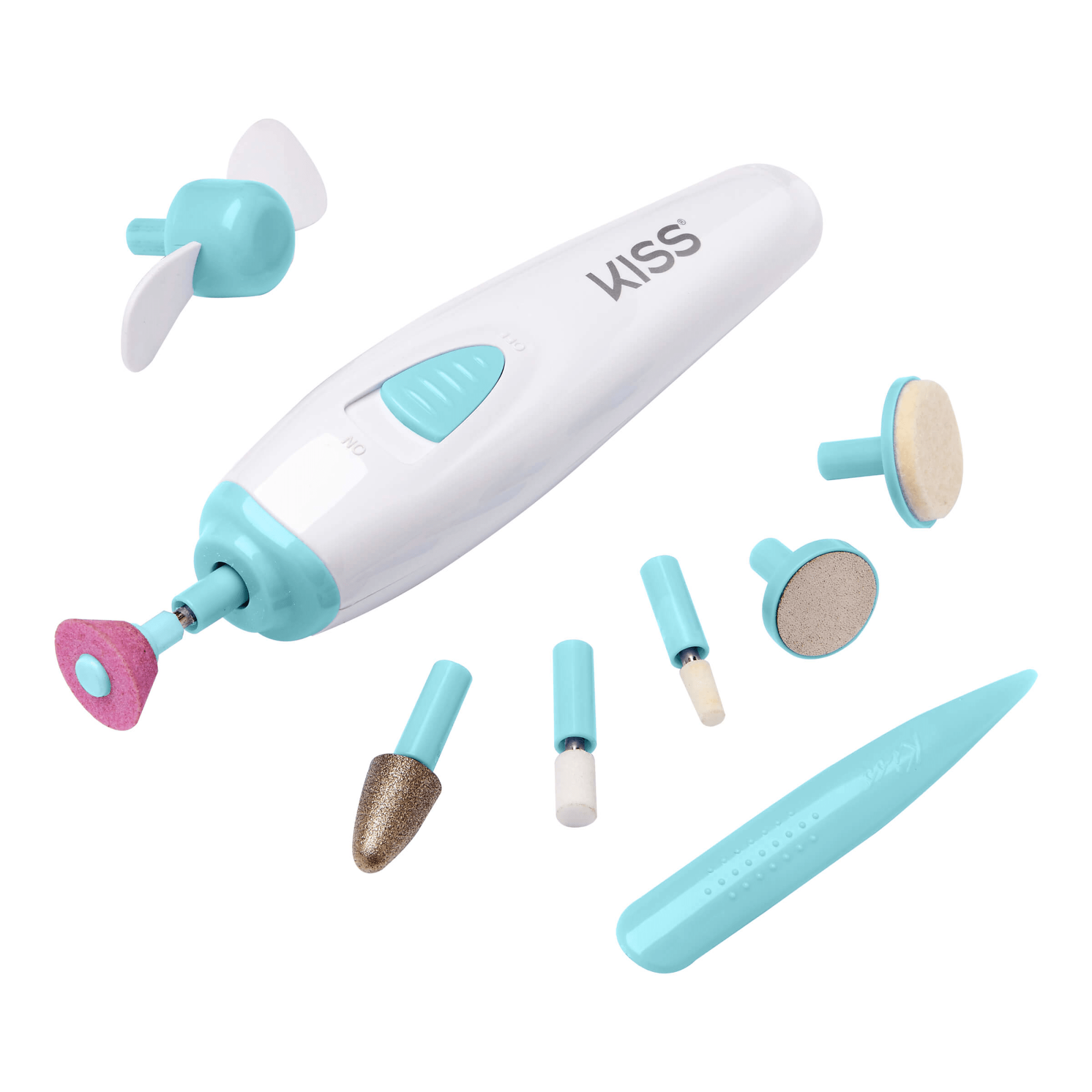 White and light blue KISS Power File X nail dryer with seven interchangeable attachments including a fan, grinders, buffers, and a nail cleaner.