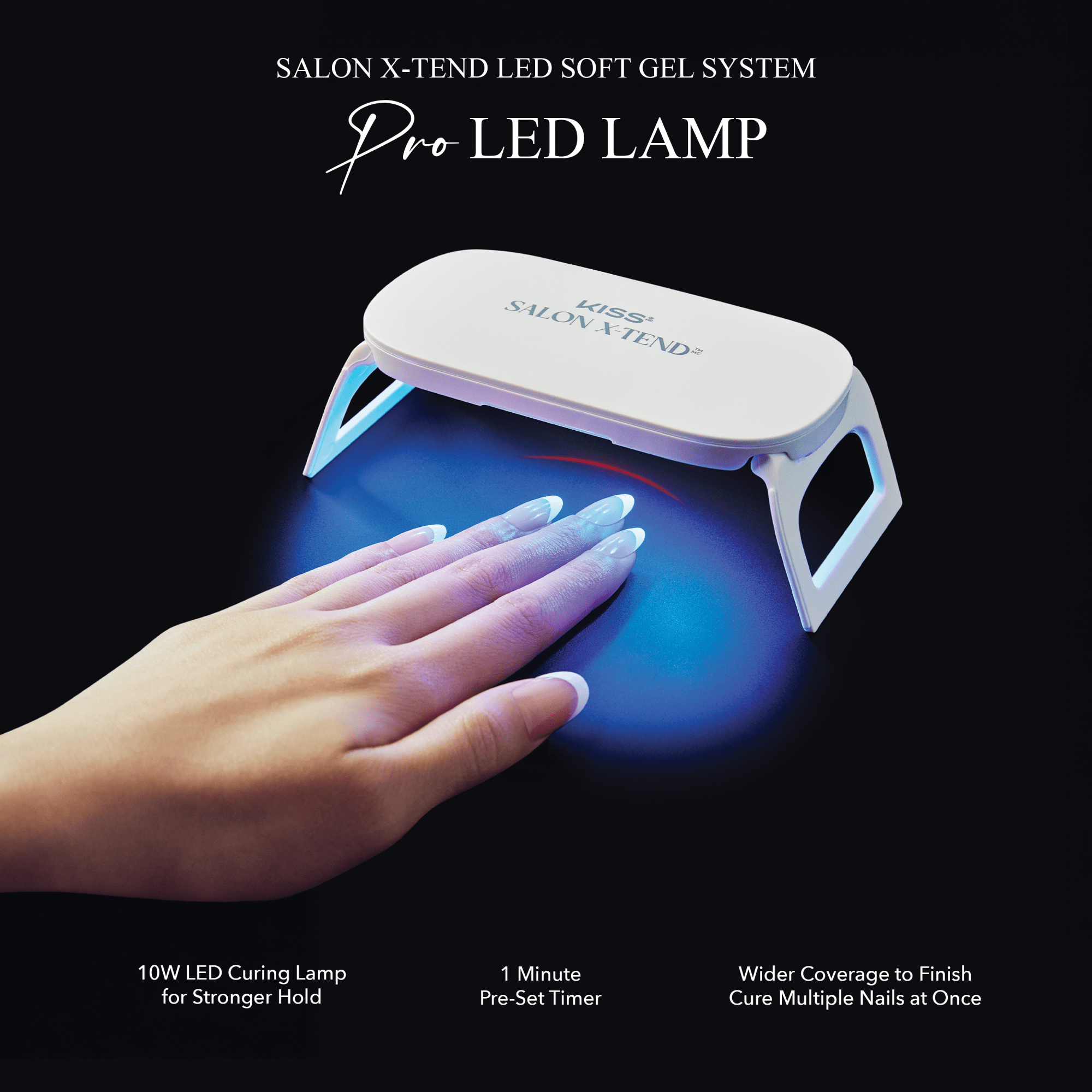 White KISS Salon X-tend Pro LED lamp curing nails with blue light, featuring 10W power, 1-minute preset timer, and wide coverage for multiple nails.