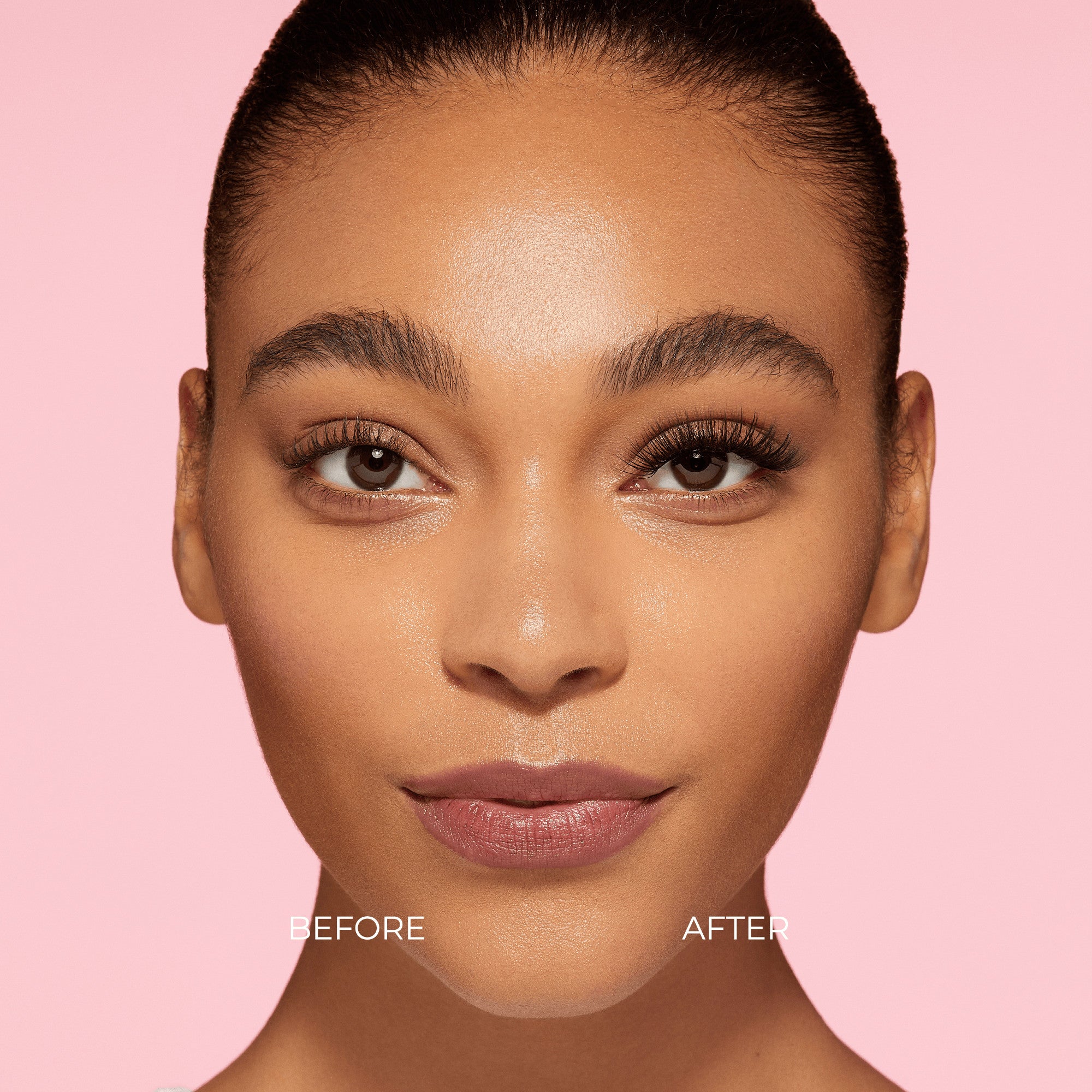 Close-up of a woman’s face against a pink background showing a before and after comparison of self-adhesive false eyelashes on her right eye, enhancing lash volume and length.