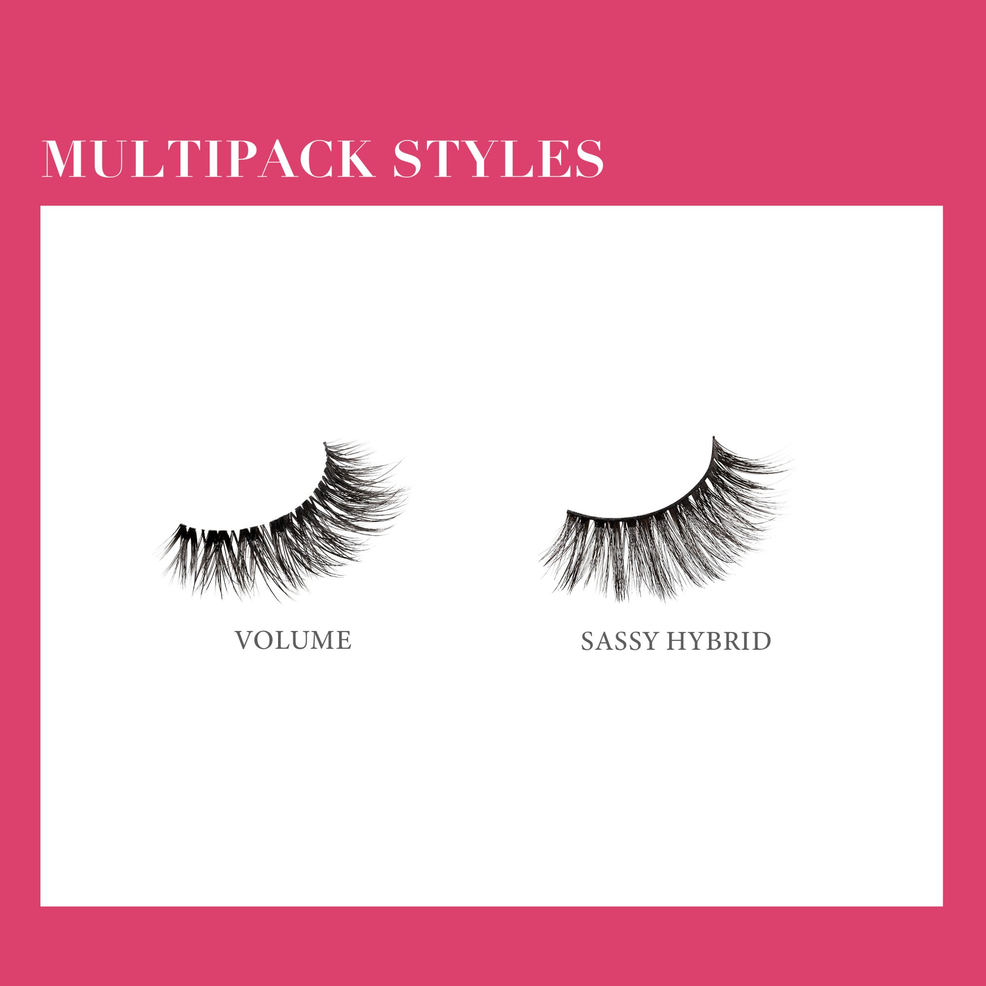 Two styles of black false eyelashes shown side by side on a white background with a pink border. Left pair labeled \