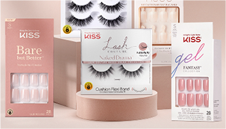 Assorted KISS Nails and KISS Lash products. KISS Lash Couture false eyelashes and KISS Bare But Better artificial nails.