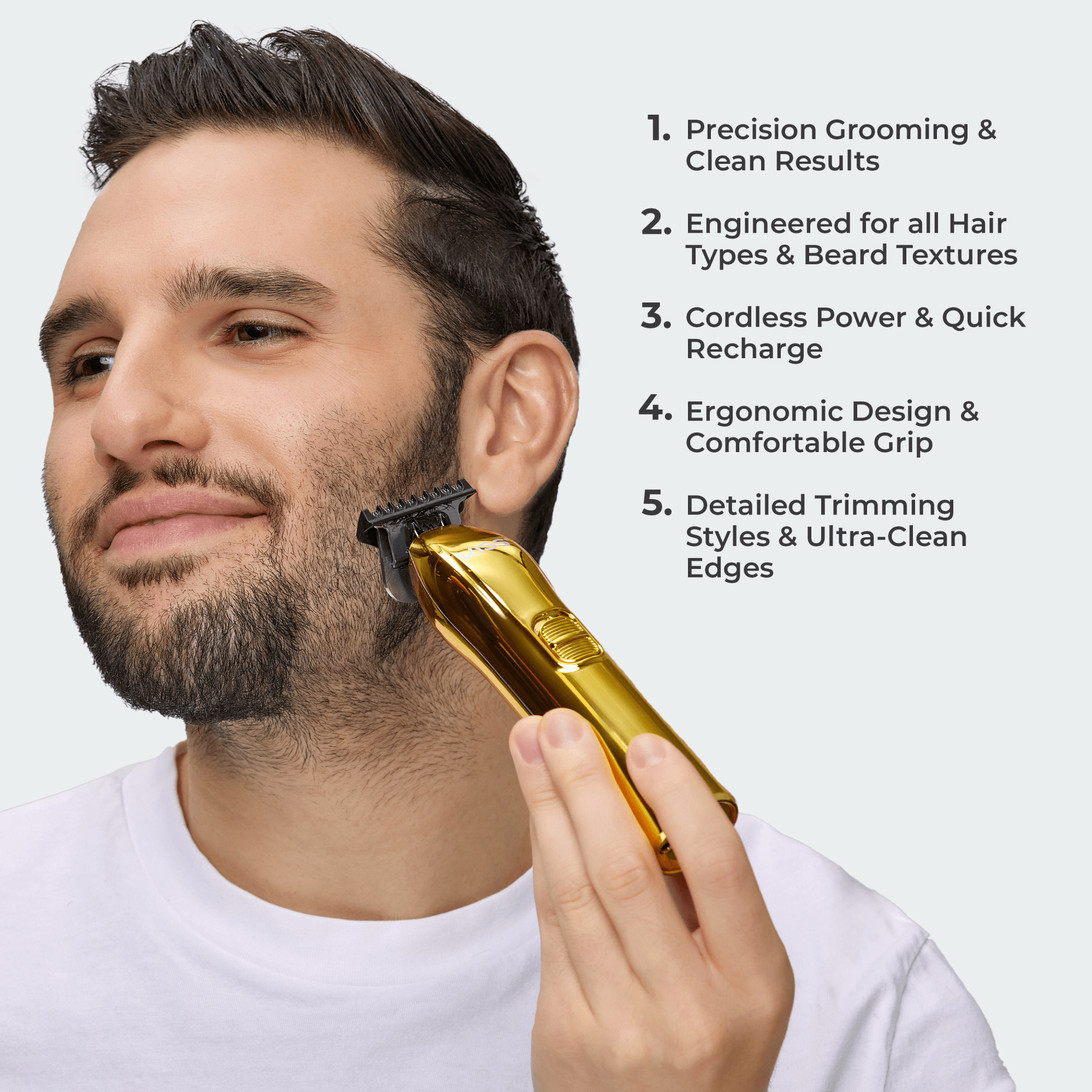 Man with dark hair using a shiny gold KISS cordless T-blade trimmer on his beard, next to text listing precision grooming, versatile use, cordless power, ergonomic design, and detailed trimming benefits.