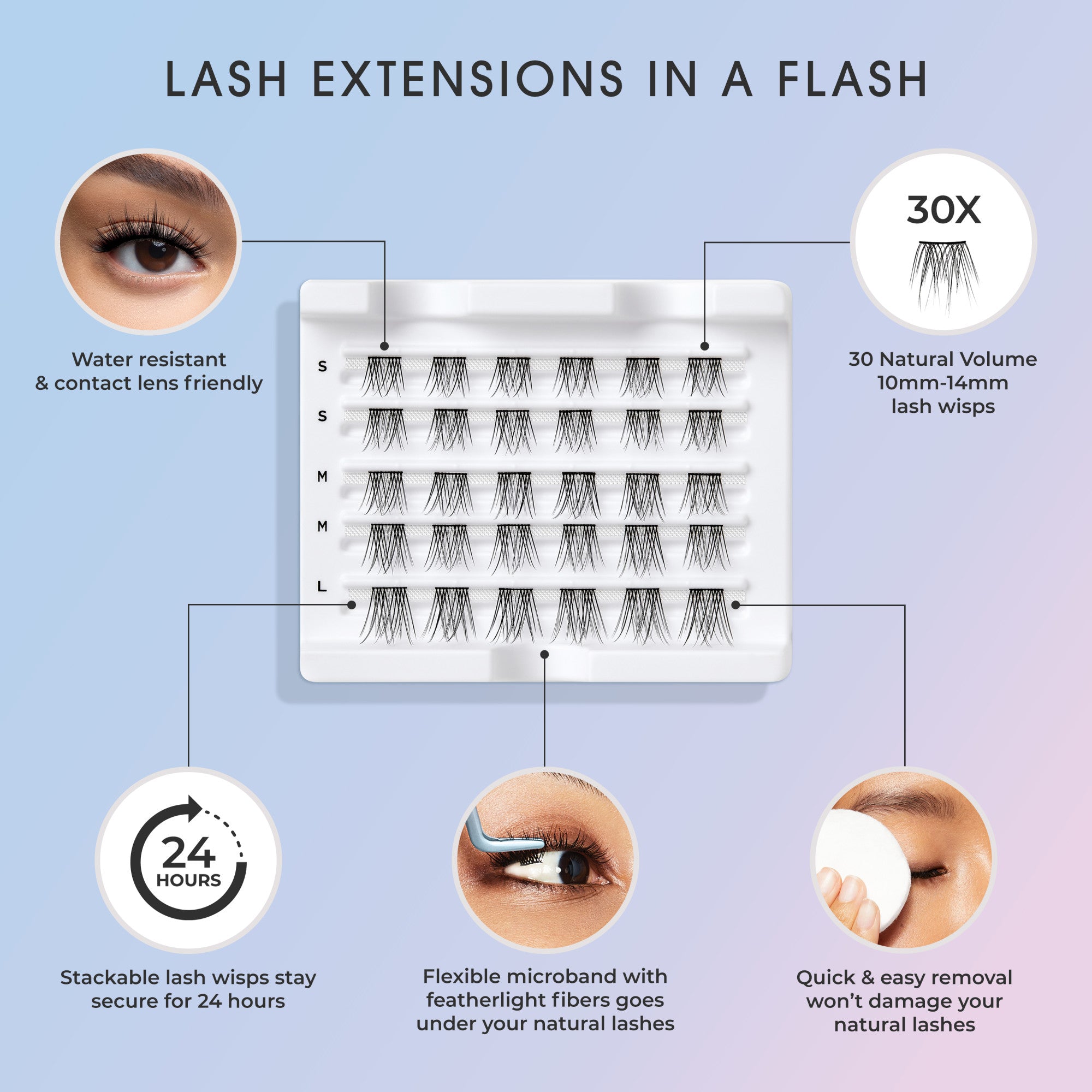 Tray of 30 black lash extensions in small, medium, and large sizes on a white tray with labels showing features like 24-hour wear, water resistance, and easy removal.