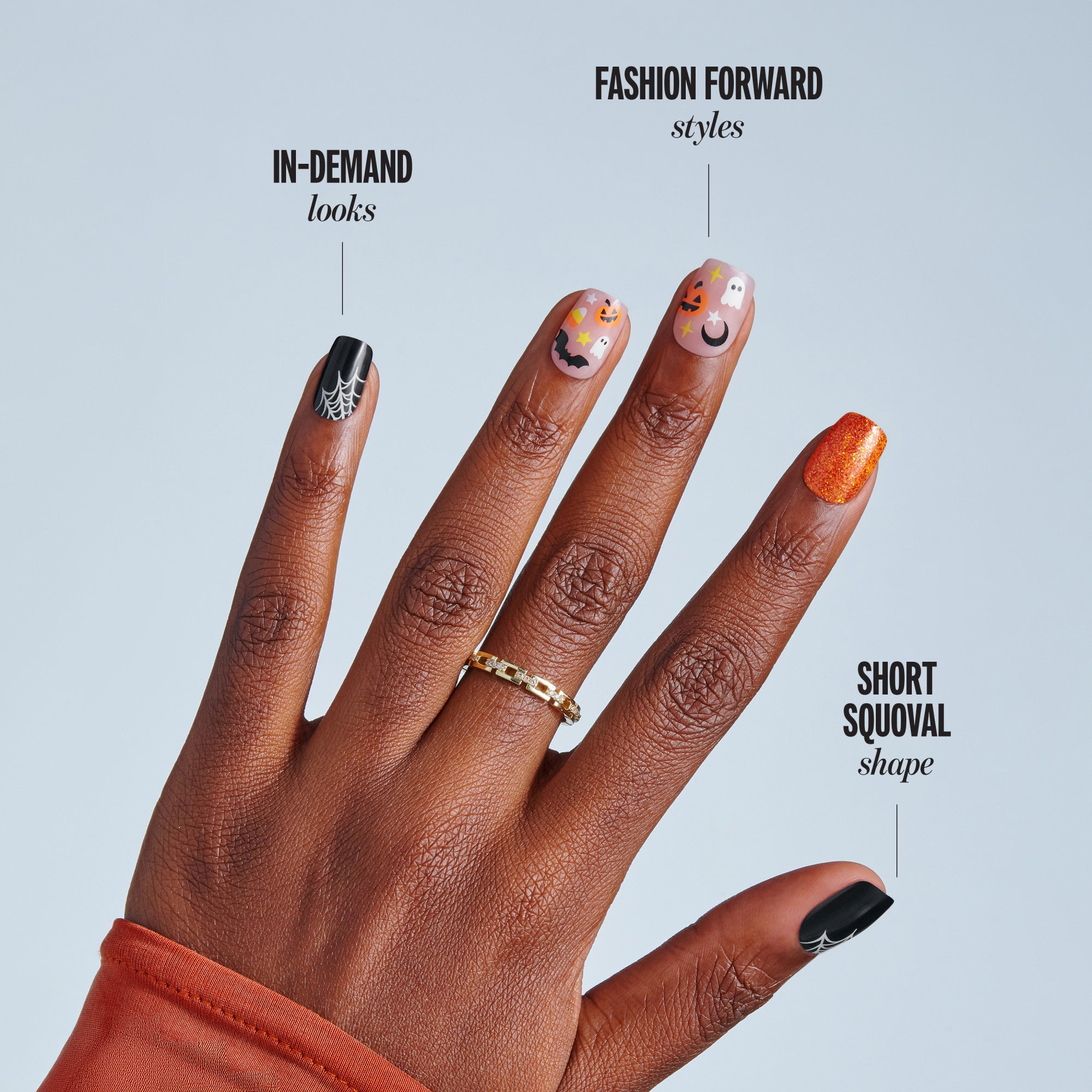 Kiss Haunt Halloween Press On Fake Glue Nails - Fangs for the Memories | Design, Orange & Black, Short, Squoval, Glow In The Dark