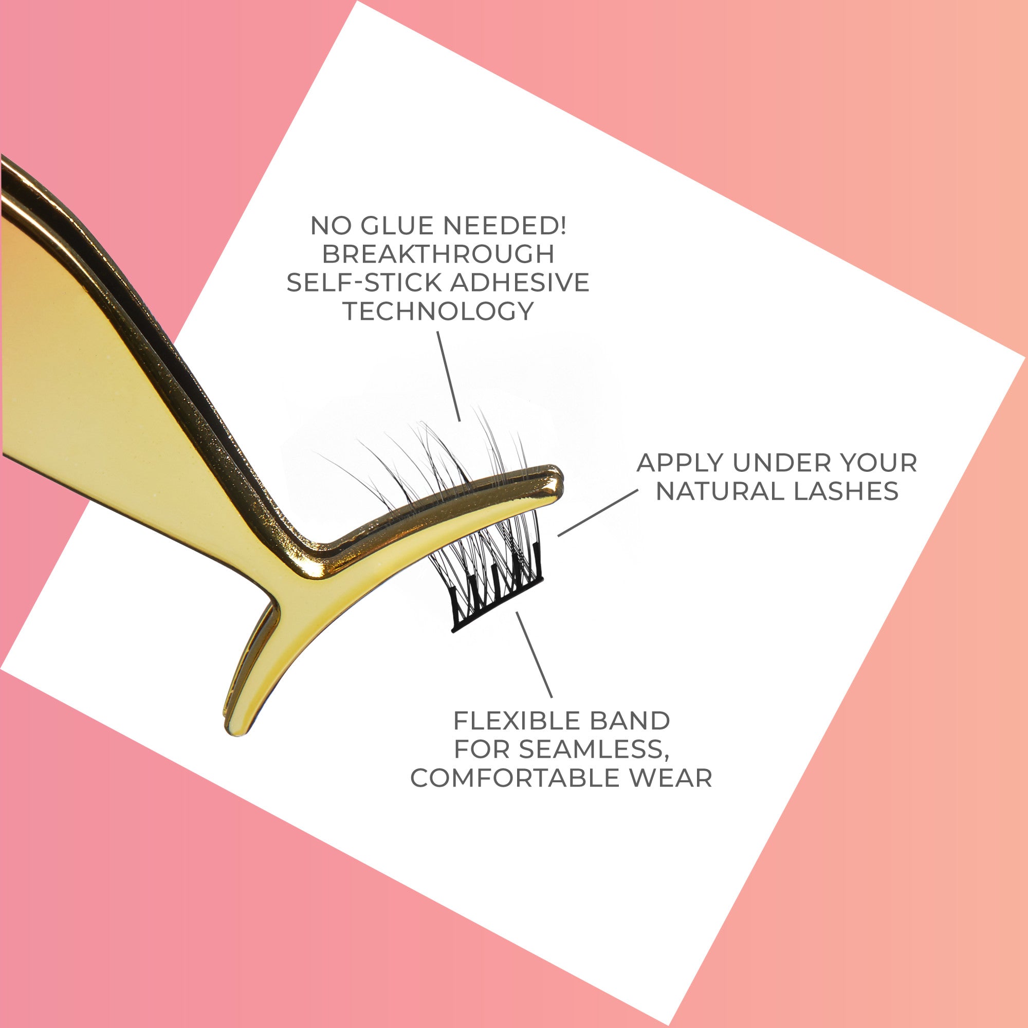 Gold tweezer holding a small cluster of curly self-adhesive false eyelashes with labels highlighting no glue needed, flexible band for comfort, and application under natural lashes.