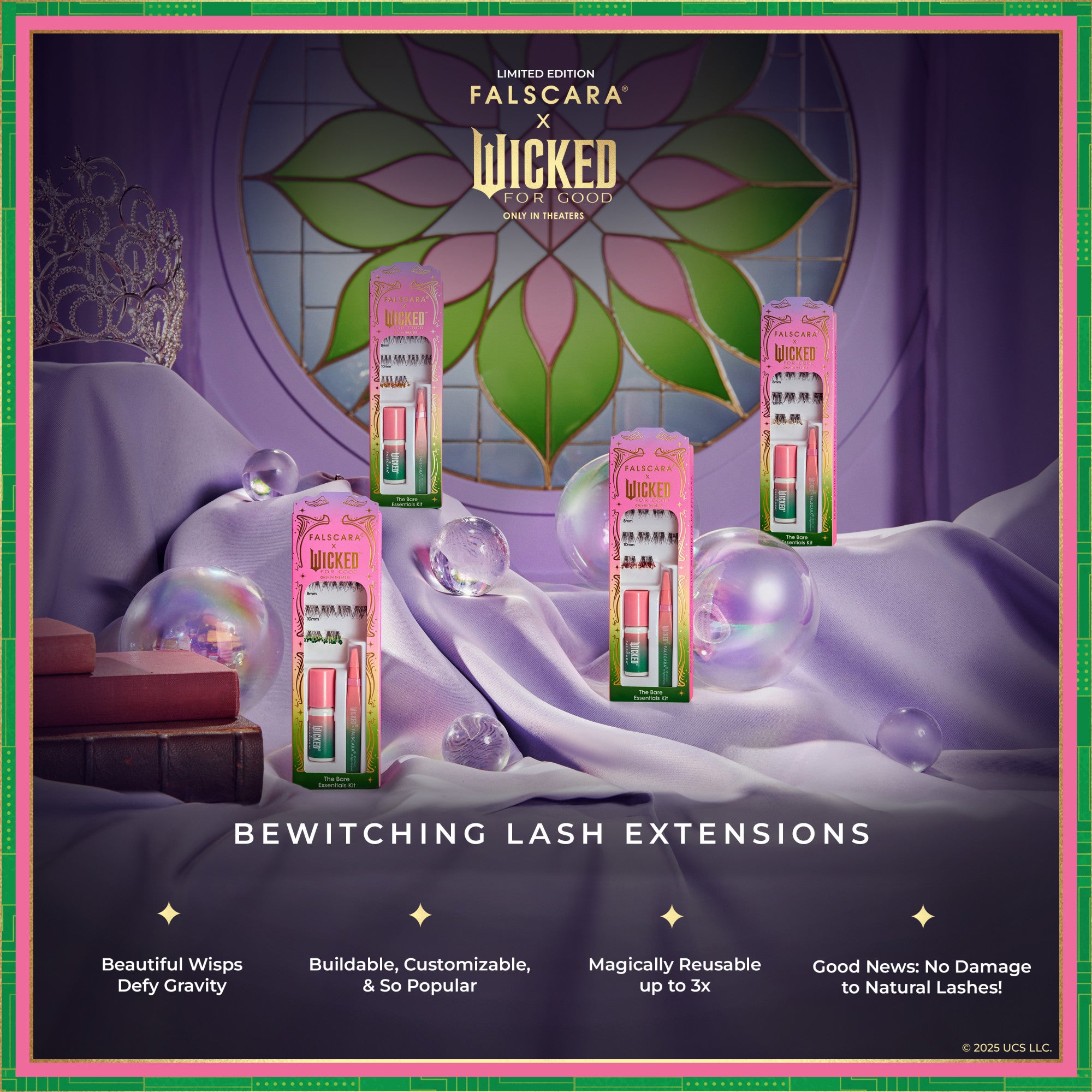 Limited edition FALSCARA x WICKED: FOR GOOD lash extension kits displayed on purple fabric with crystal balls and a crown, highlighting reusable, customizable, gentle formula.