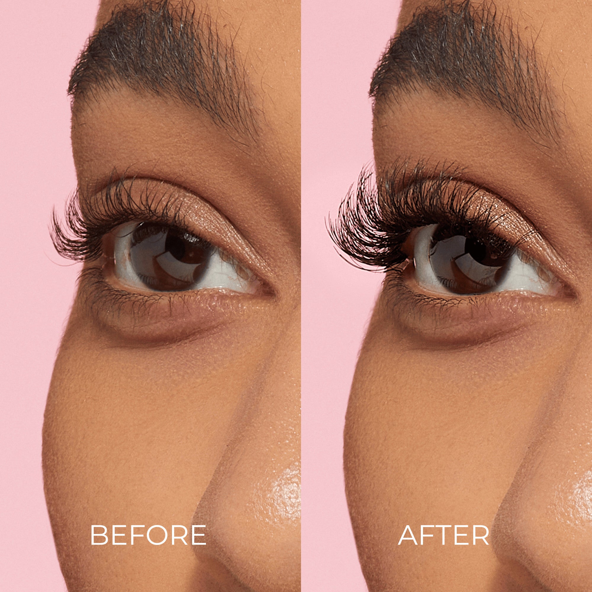 Close-up side-by-side view of a brown eye against a pink background, showing natural eyelashes on the left and fuller, longer self-adhesive false eyelashes applied on the right, labeled \