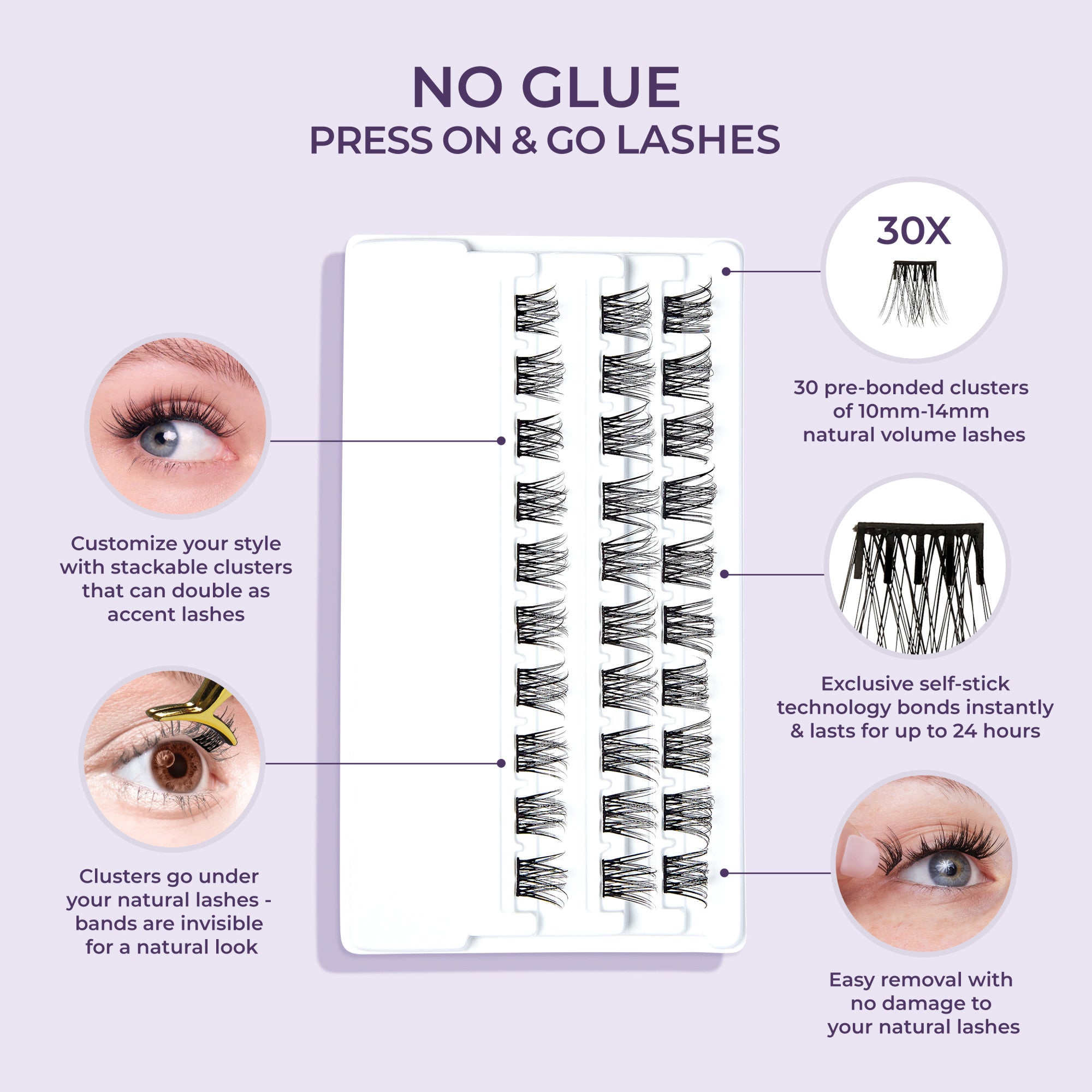 No glue press-on false eyelashes refills with 30 wispy pre-bonded clusters (10-14mm) displayed on a white tray, with usage benefits and close-ups.