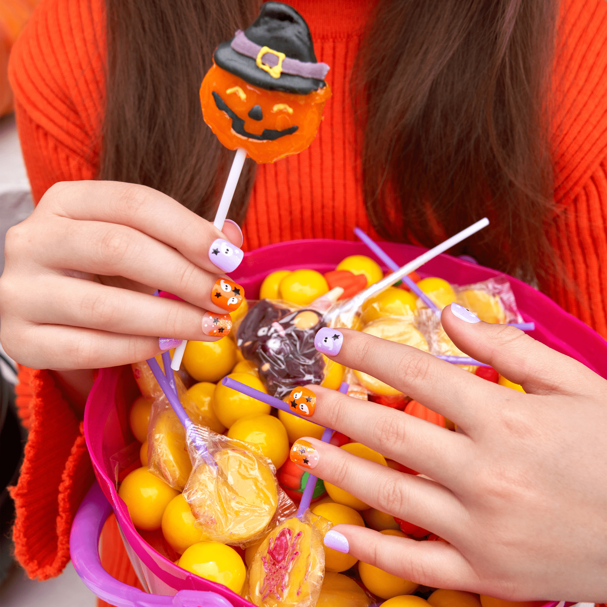 Impress Kids Halloween No Glue Fake Press On Nails - Boo! | Design, Purple & Orange, Kids, Squoval, Glow In The Dark, Manicure