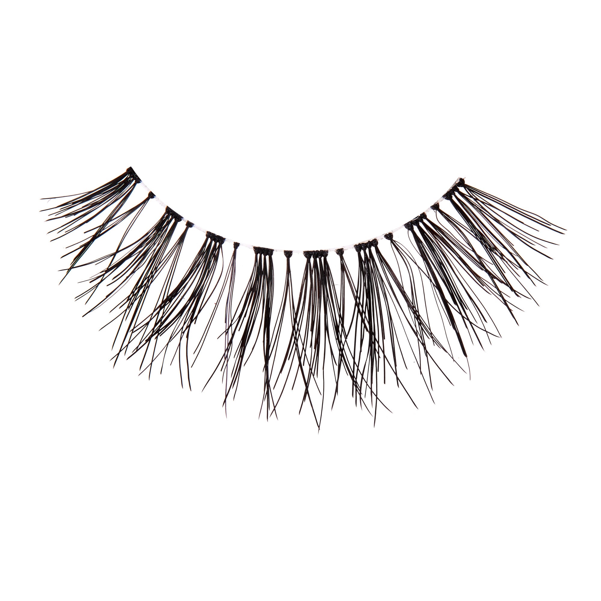 Single black false eyelash strip with spaced, wispy strands for a natural, flirty look, shown against a plain white background.