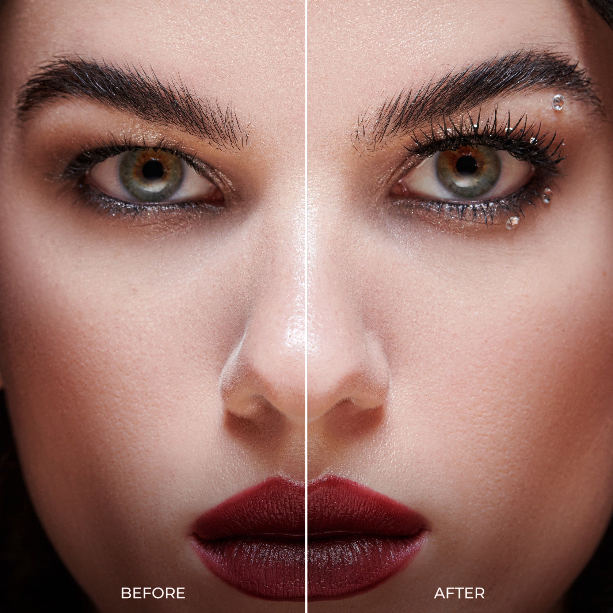 Before and after makeup comparison showing eye and lip enhancement with mascara and bold lipstick.