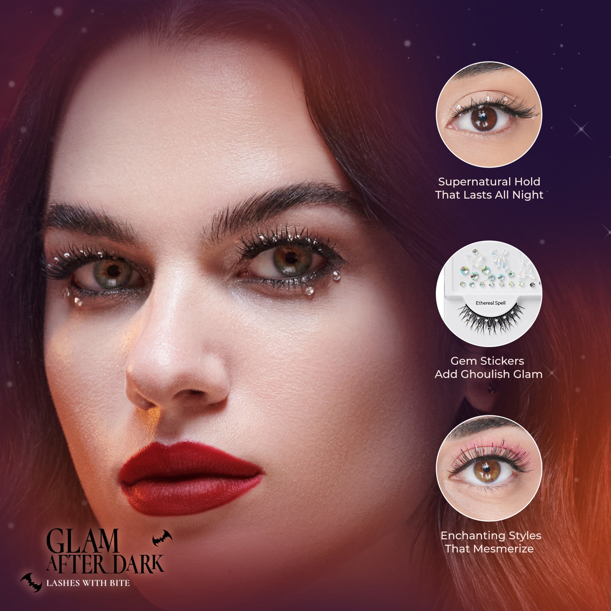 Close-up of a woman with dark hair wearing decorated false lashes with small gem stickers under her eyes and textured red lipstick, showcasing Halloween glam style.