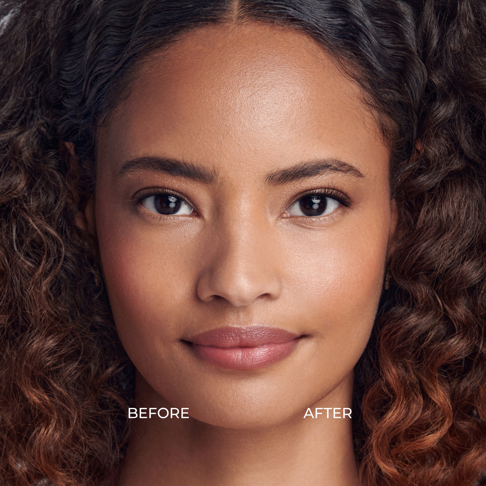 Close-up portrait of a woman’s face with curly hair, showing a side-by-side comparison labeled \