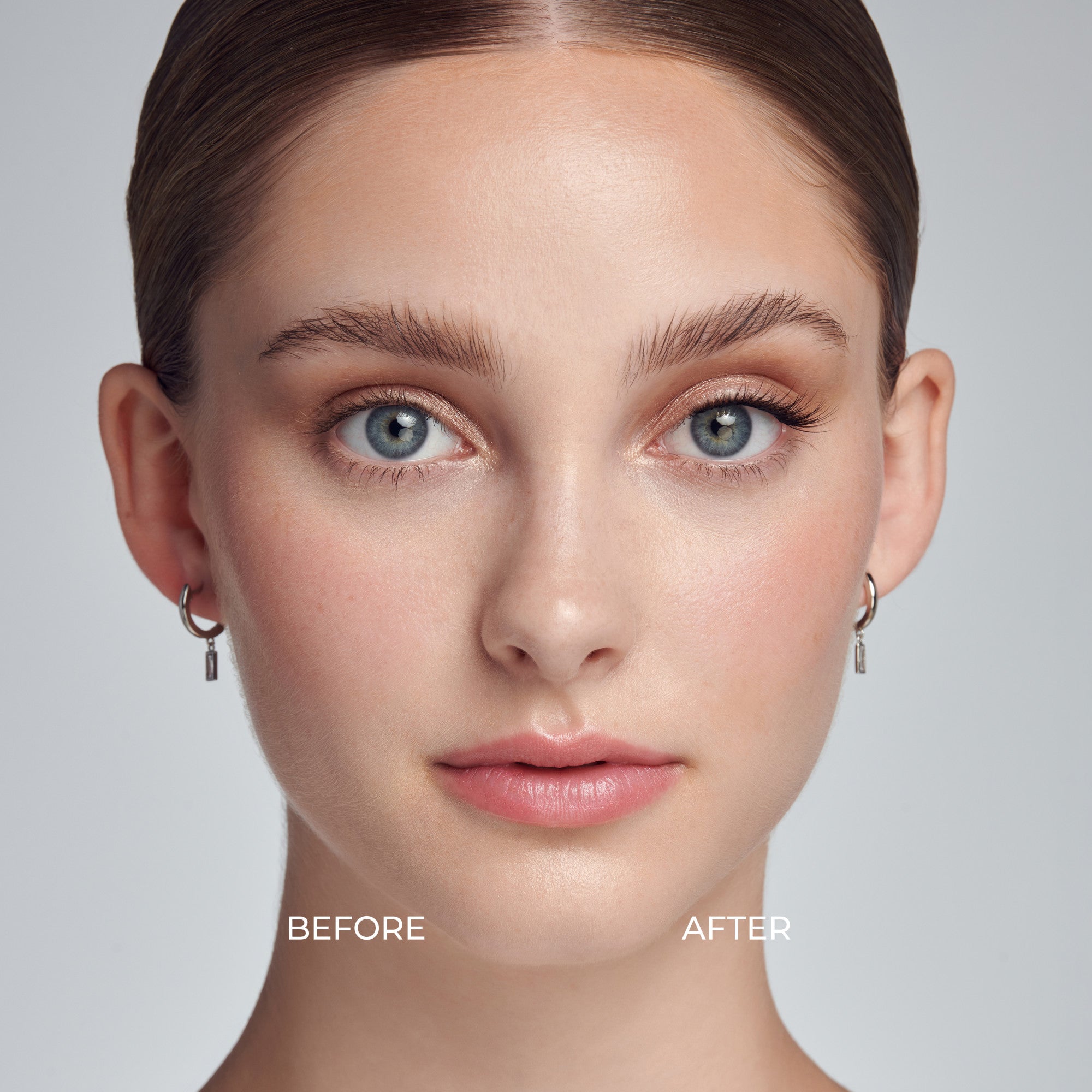Close-up of a woman’s face showing a before and after comparison of eyelashes; the left eye has natural lashes, the right eye has black wispy self-adhesive false eyelashes applied.