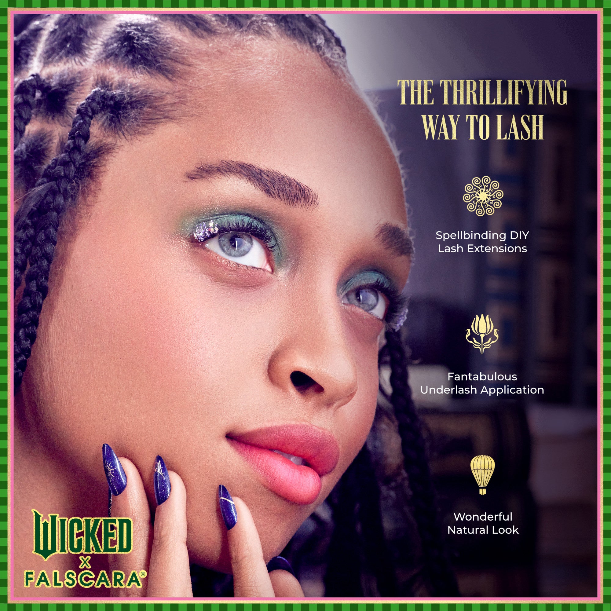 Close-up of a woman with braided hair wearing green eyeshadow, decorative false eyelashes with glitter, and purple nail polish. Text highlights DIY lash extensions, underlash application, and a natural look.