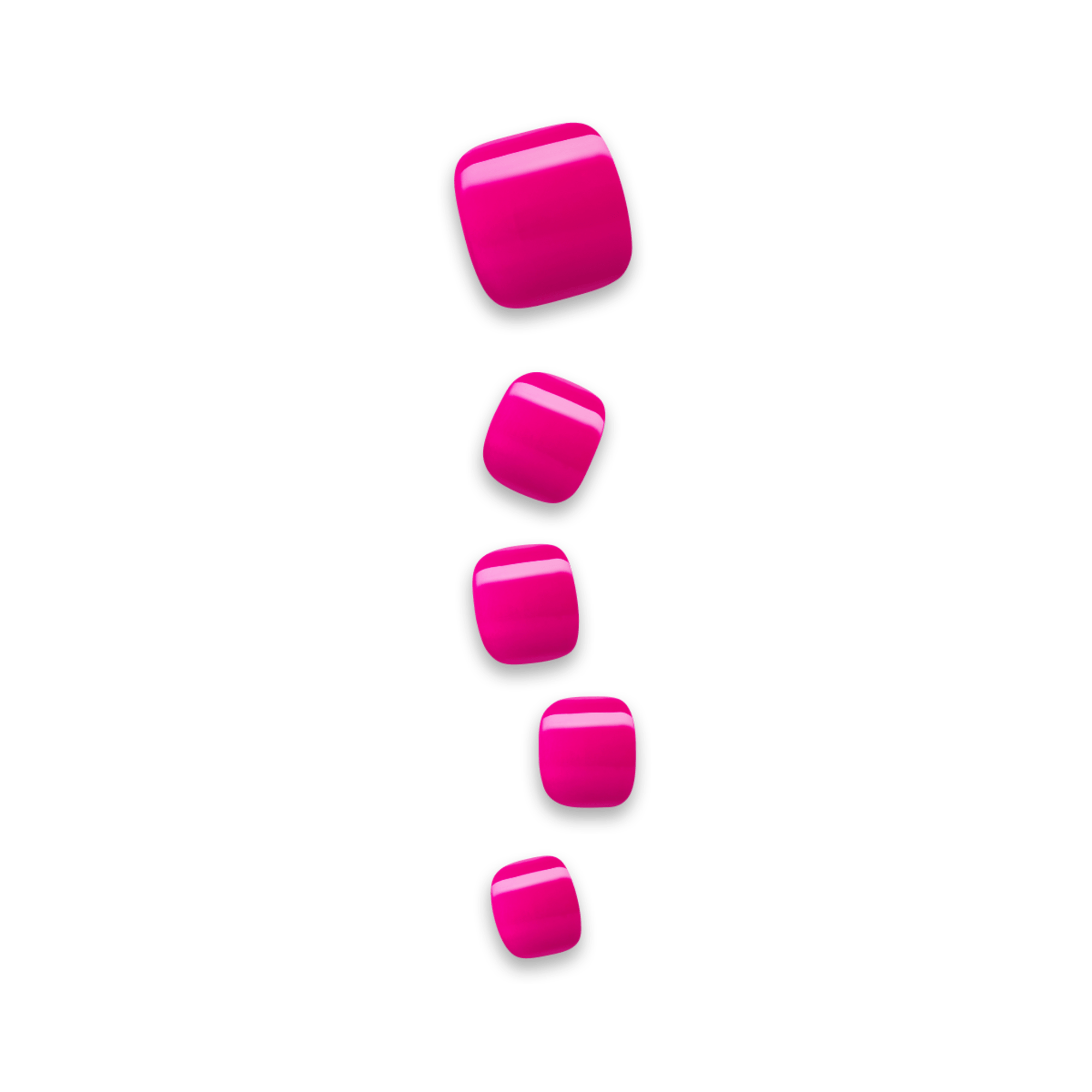 Five pink square nails aligned vertically on a transparent background