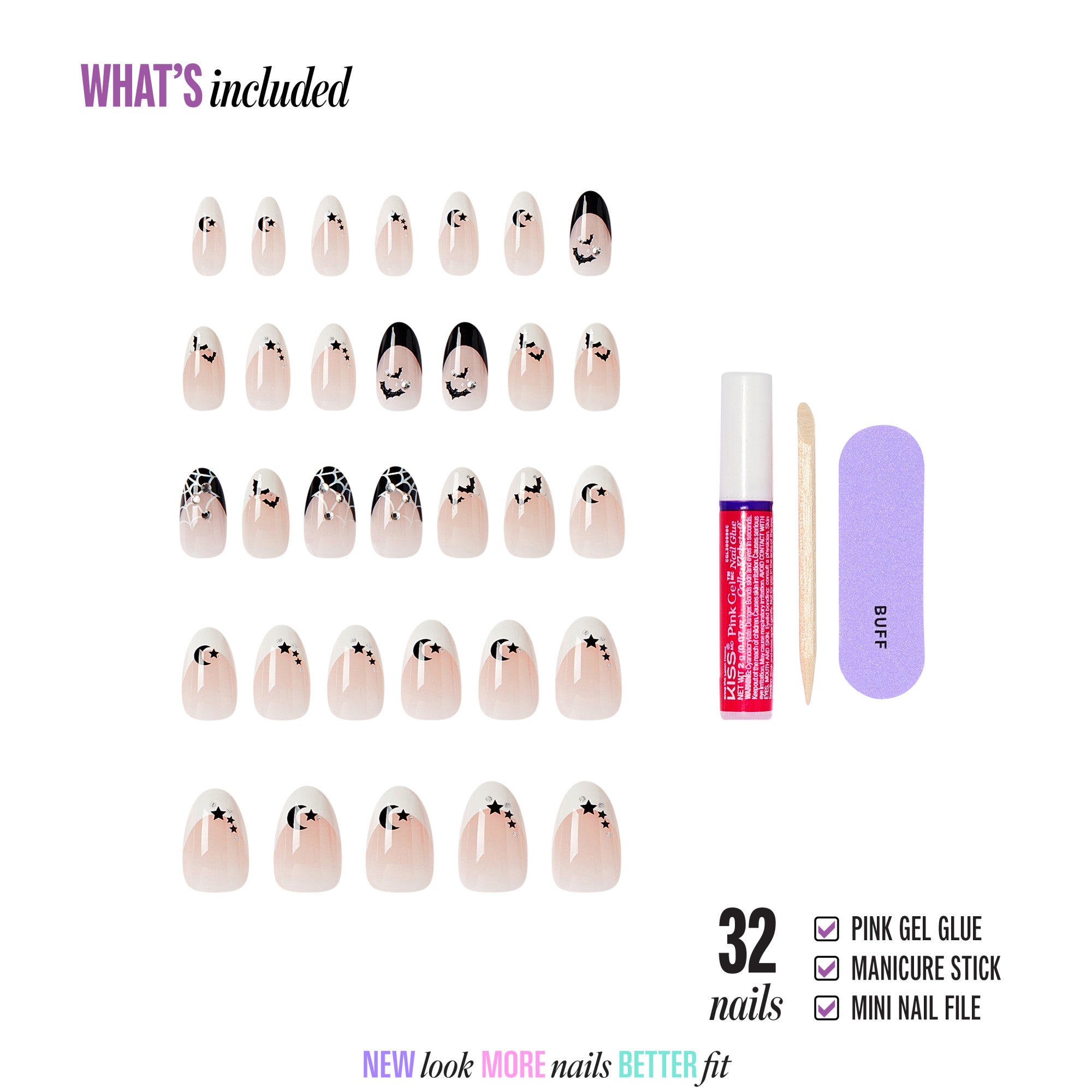 Kiss Haunt Halloween Press On Fake Glue Nails - HalloQueen | French Design, Black & White, Medium, Almond, Glow In The Dark