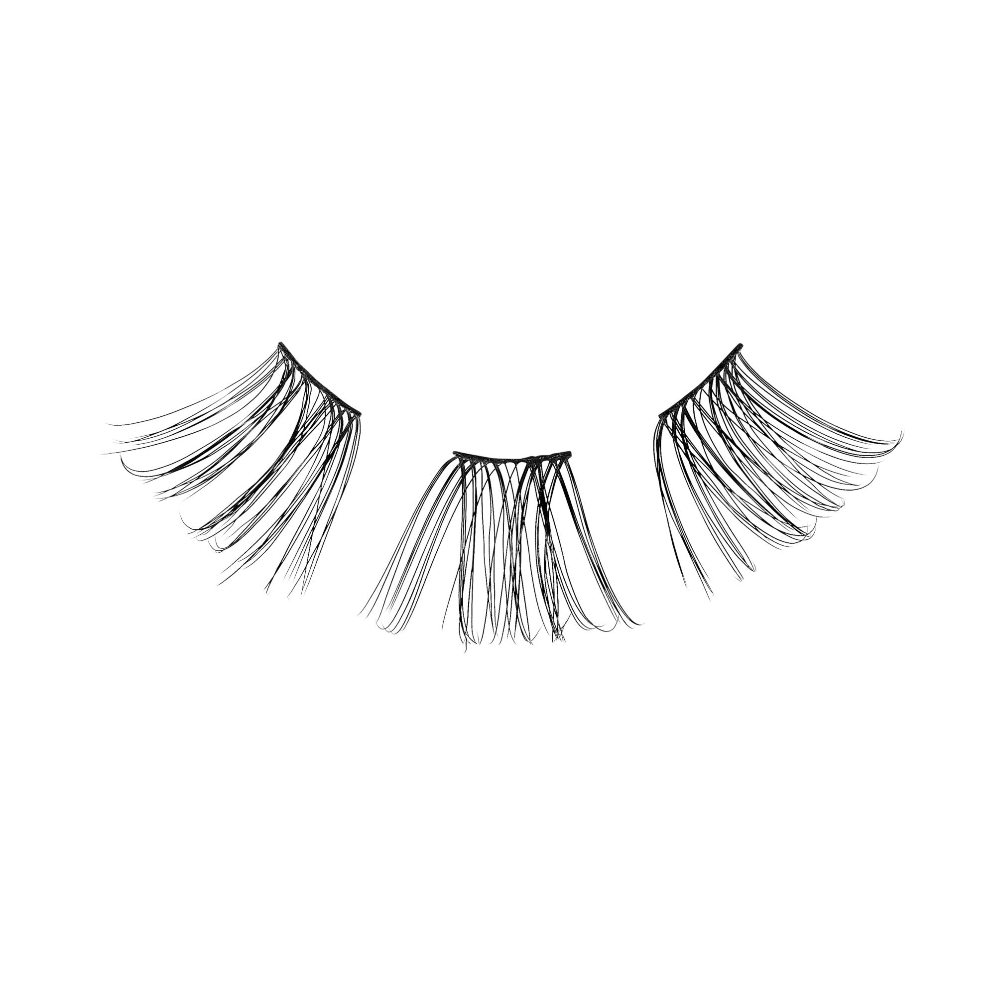 Three black individual cluster false eyelash extensions displayed on a white background, showing their delicate and wispy design.