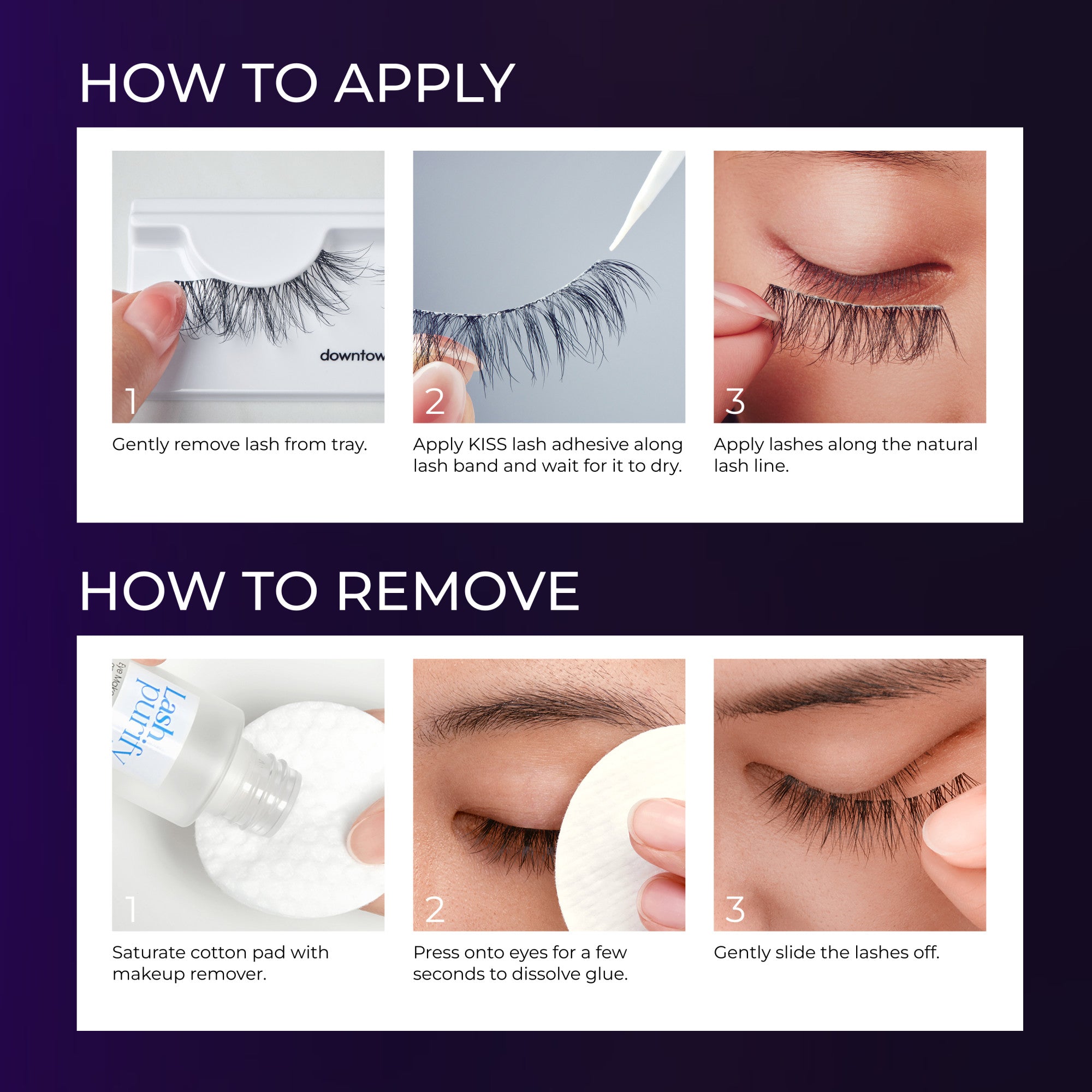 Step-by-step guide showing how to apply and remove KISS Lash Couture Rebel Collection lashes with close-ups of lashes, adhesive, eye, and cotton pad.
