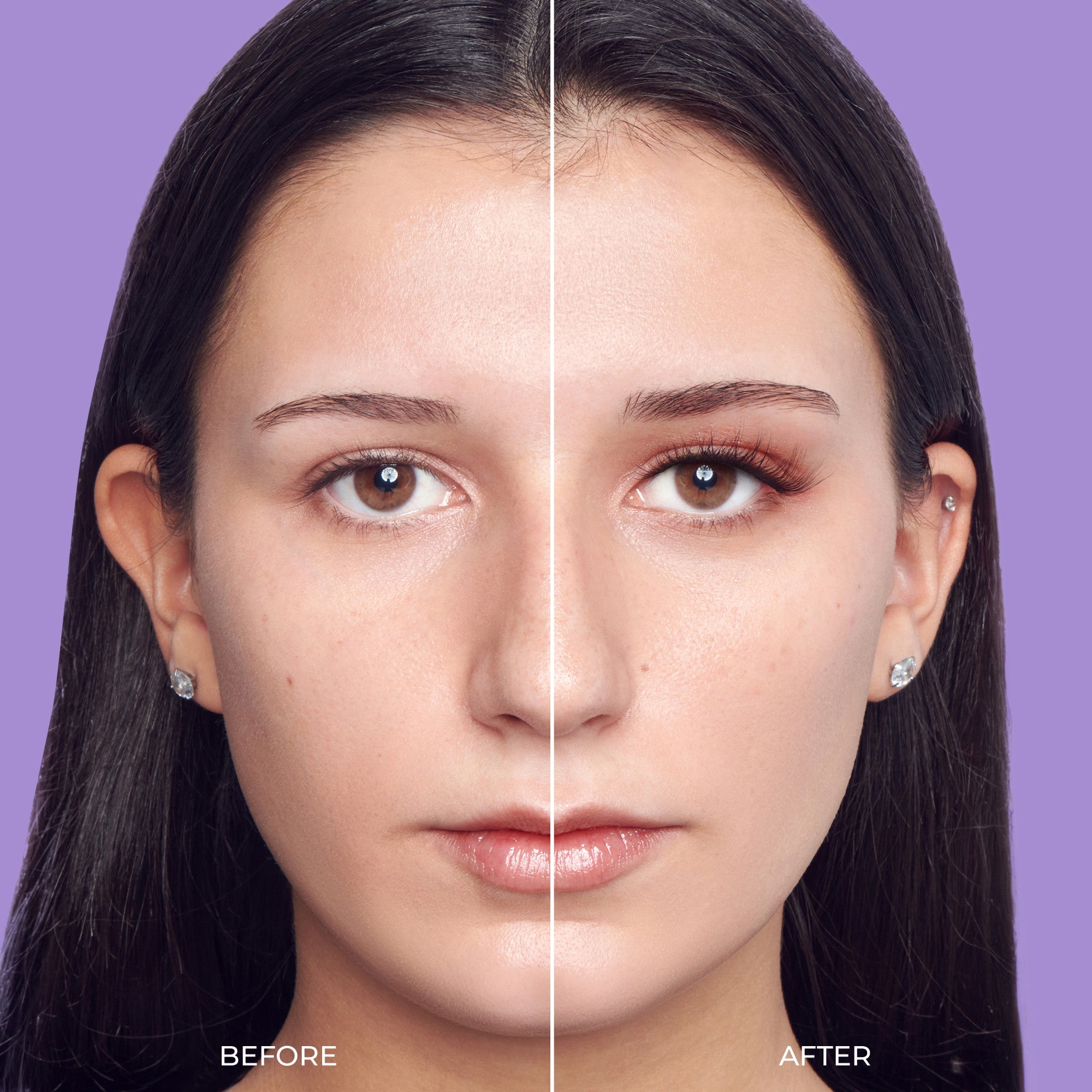 Before and after makeup comparison showing eyeshadow and eyeliner enhancement on purple background.