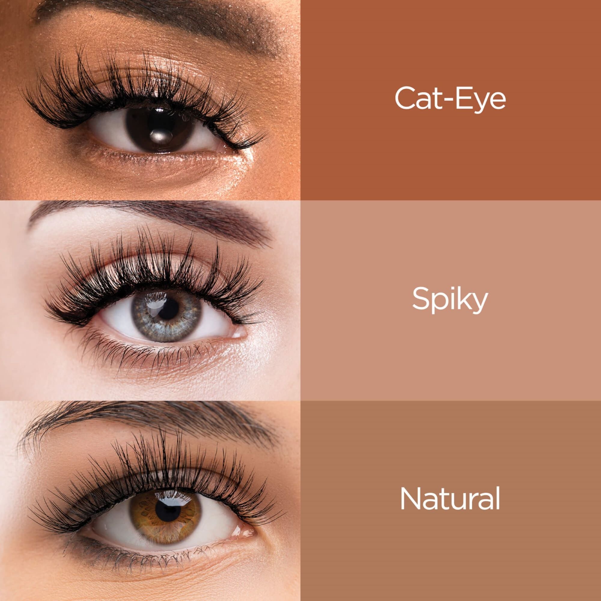 Three close-up views of eyes with different eyelash styles: a dark-skinned eye with long, curled lashes labeled \