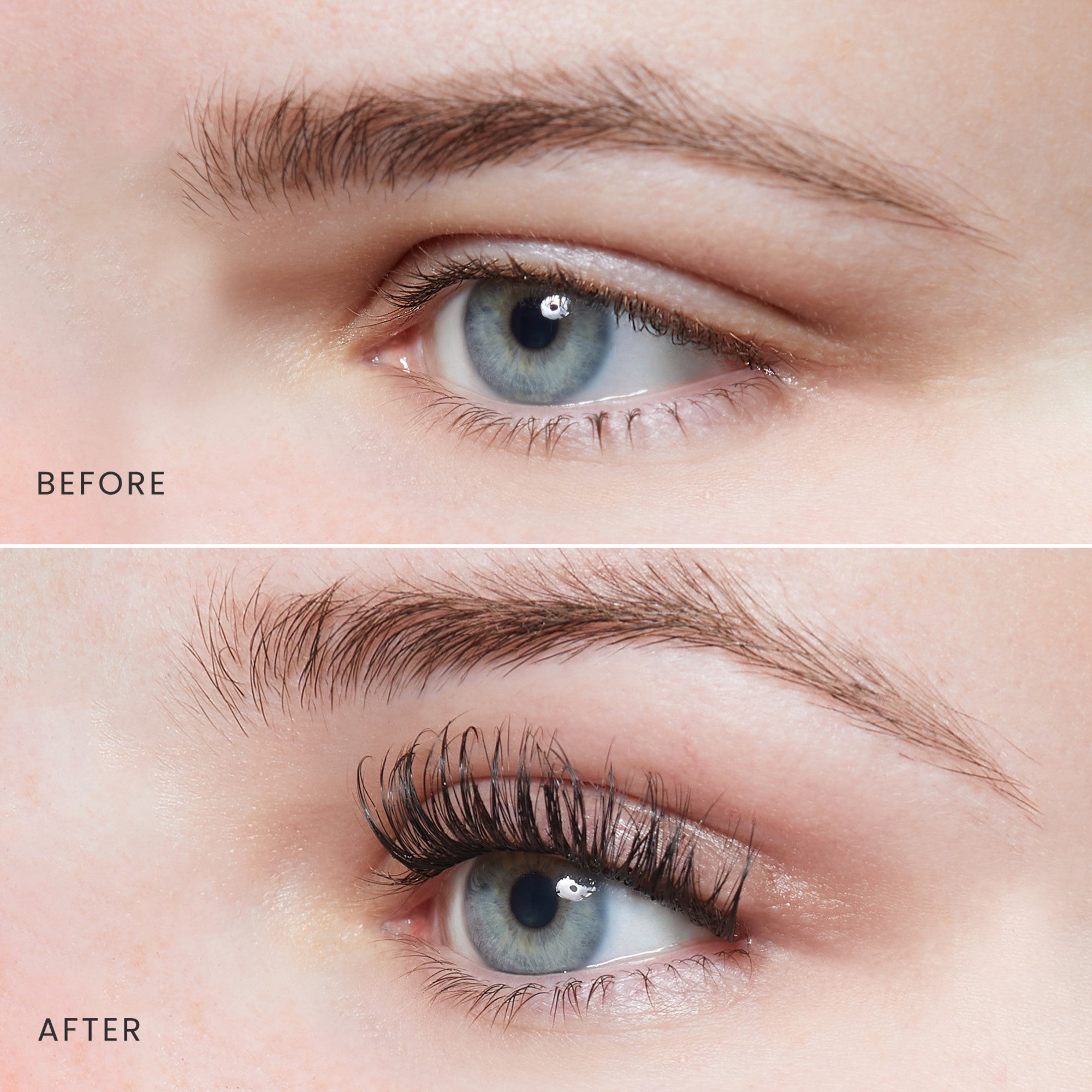 Close-up comparison of a blue eye with natural lashes labeled \