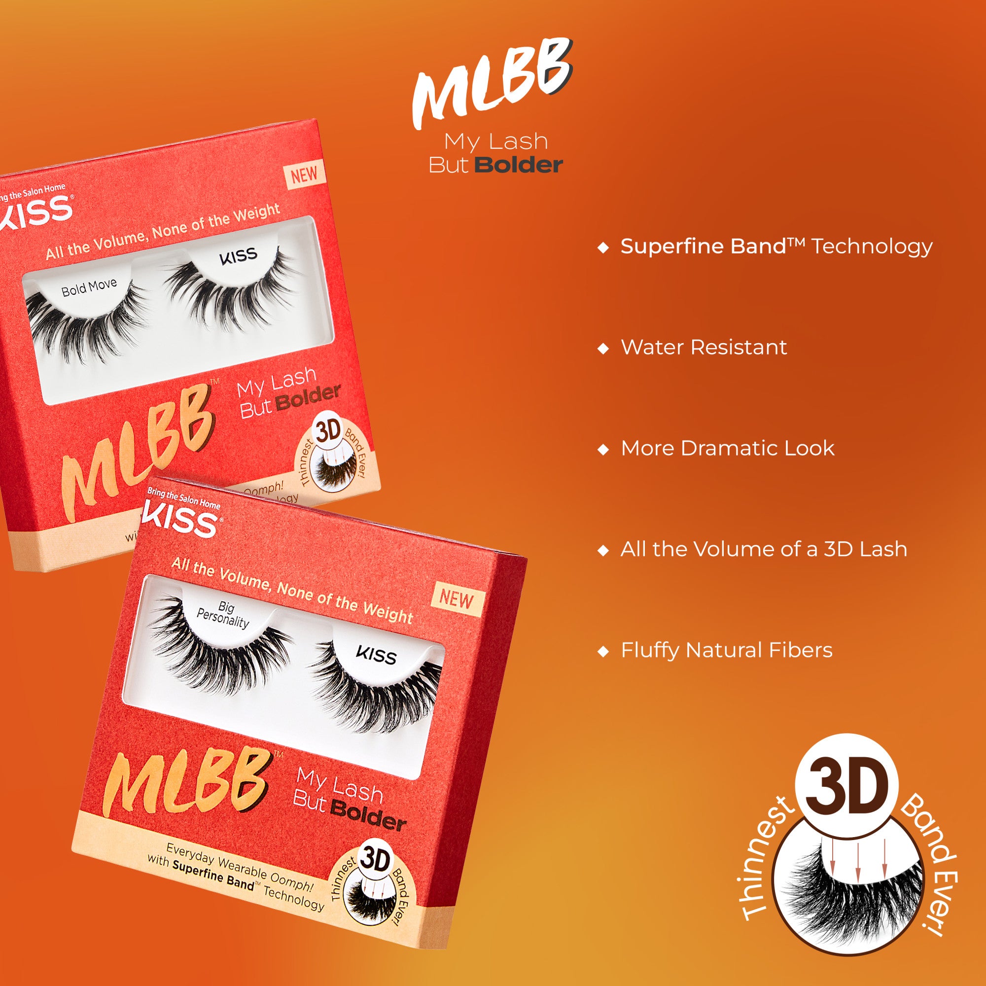 Two red-orange KISS My Lash But Bolder 3D Volume Eyelashes packages labeled \