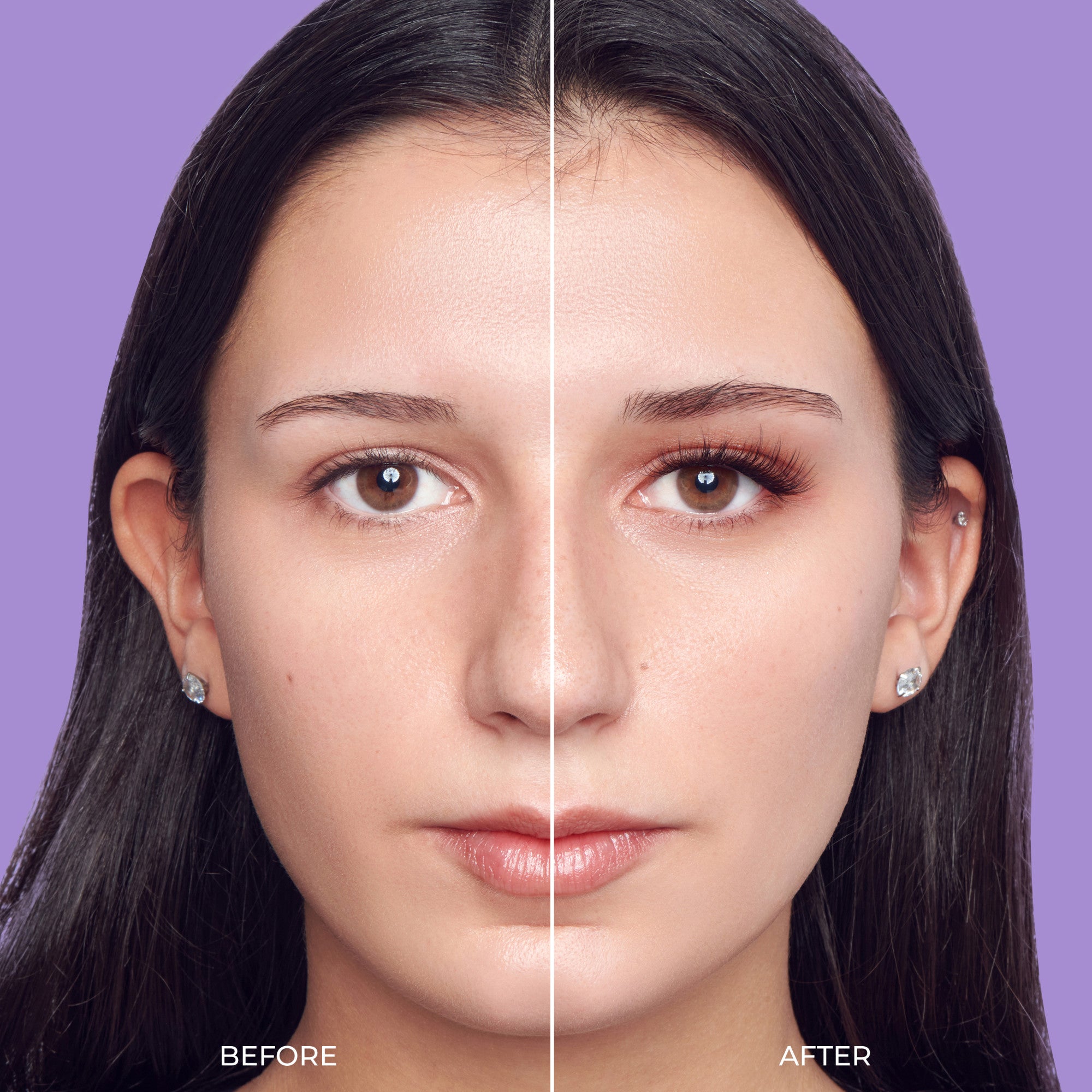 Before and after beauty treatment comparison showing eye makeup and skin enhancement results.