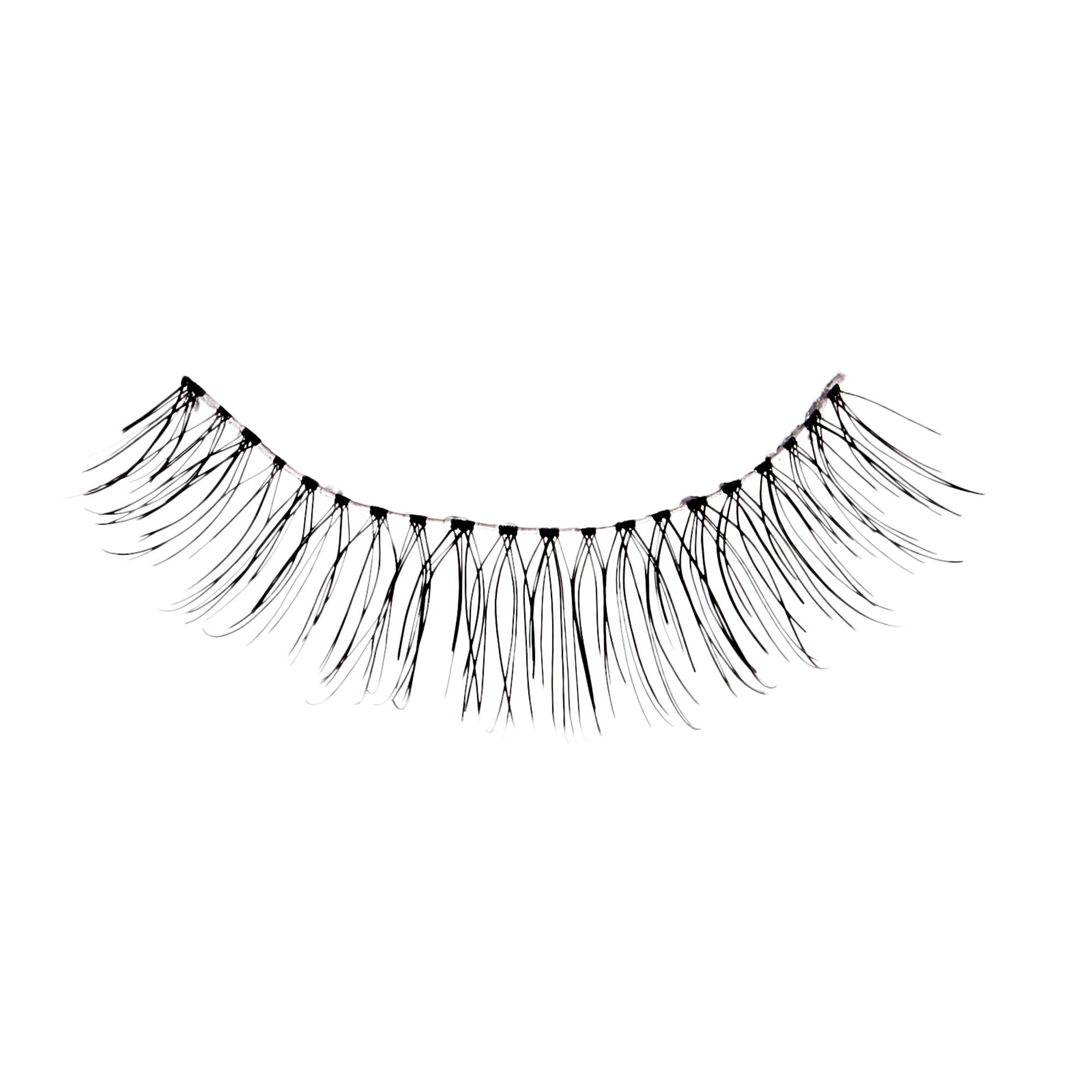 Single black false eyelash with fine, spaced-out strands displayed on a white background, showcasing a natural look style.