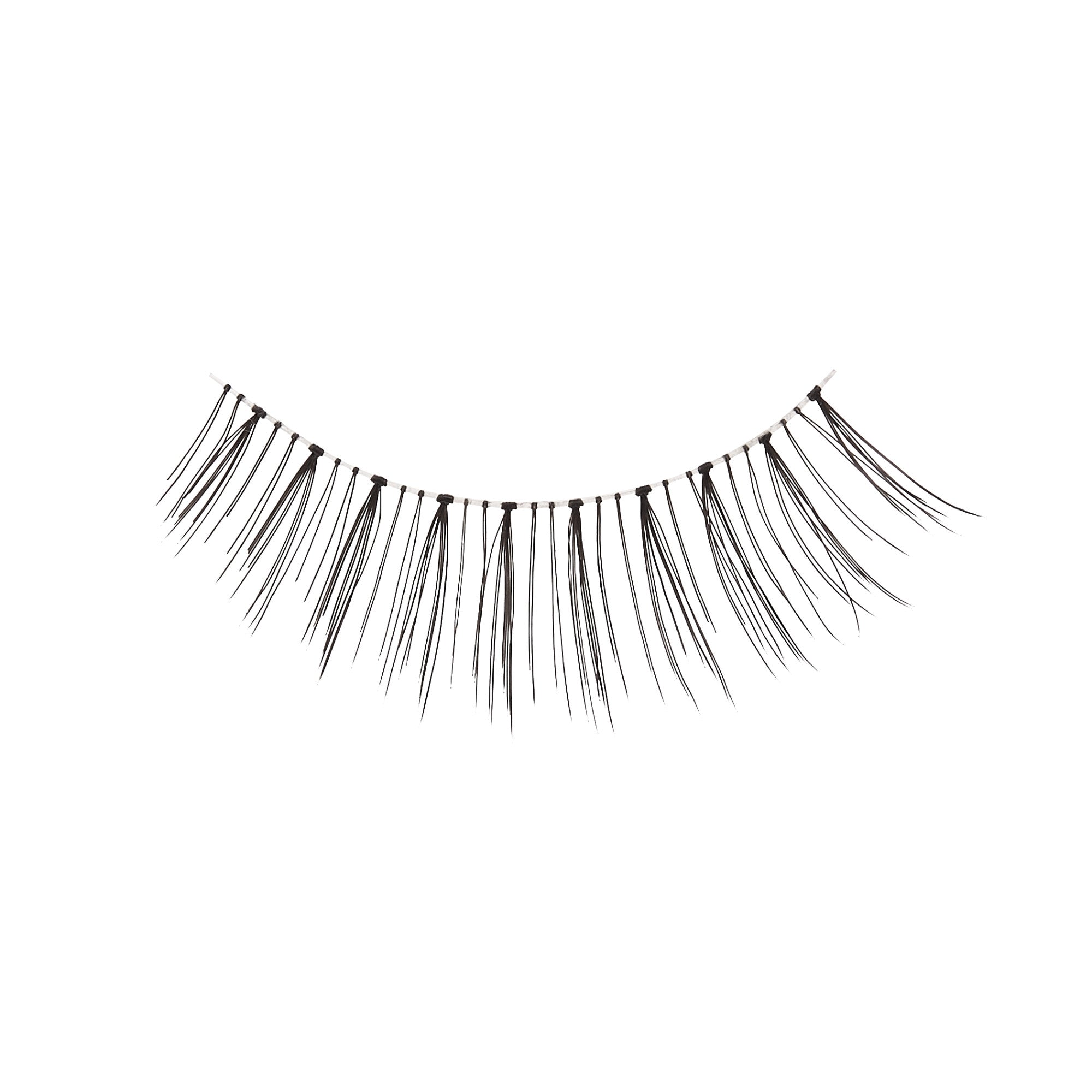 Single strip of black false eyelashes with a sparse, wispy design featuring longer strands spaced evenly for a natural, sultry look.