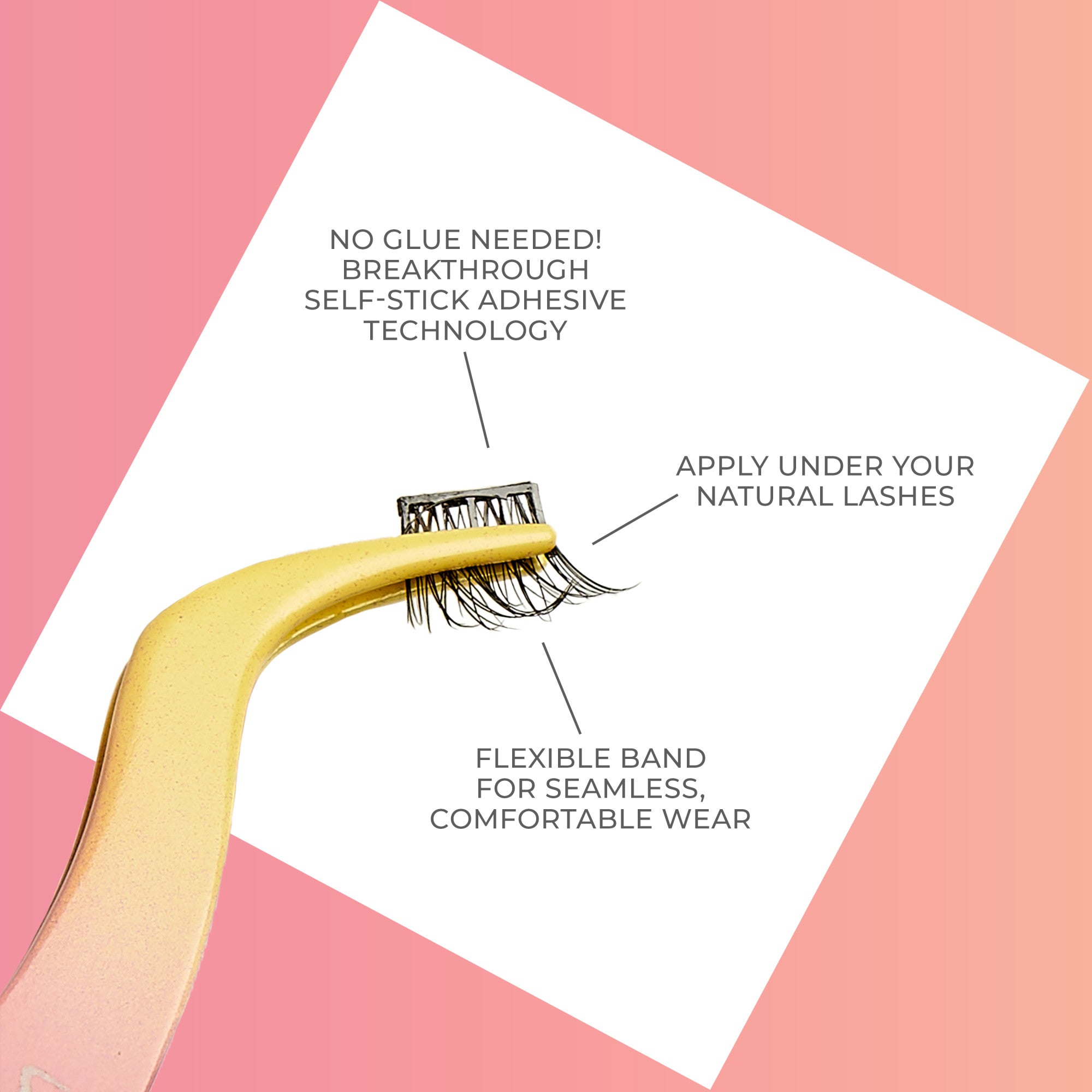 Yellow applicator holding a single self-adhesive eyelash cluster with flexible band, highlighting no glue needed, apply under natural lashes, and comfortable wear.