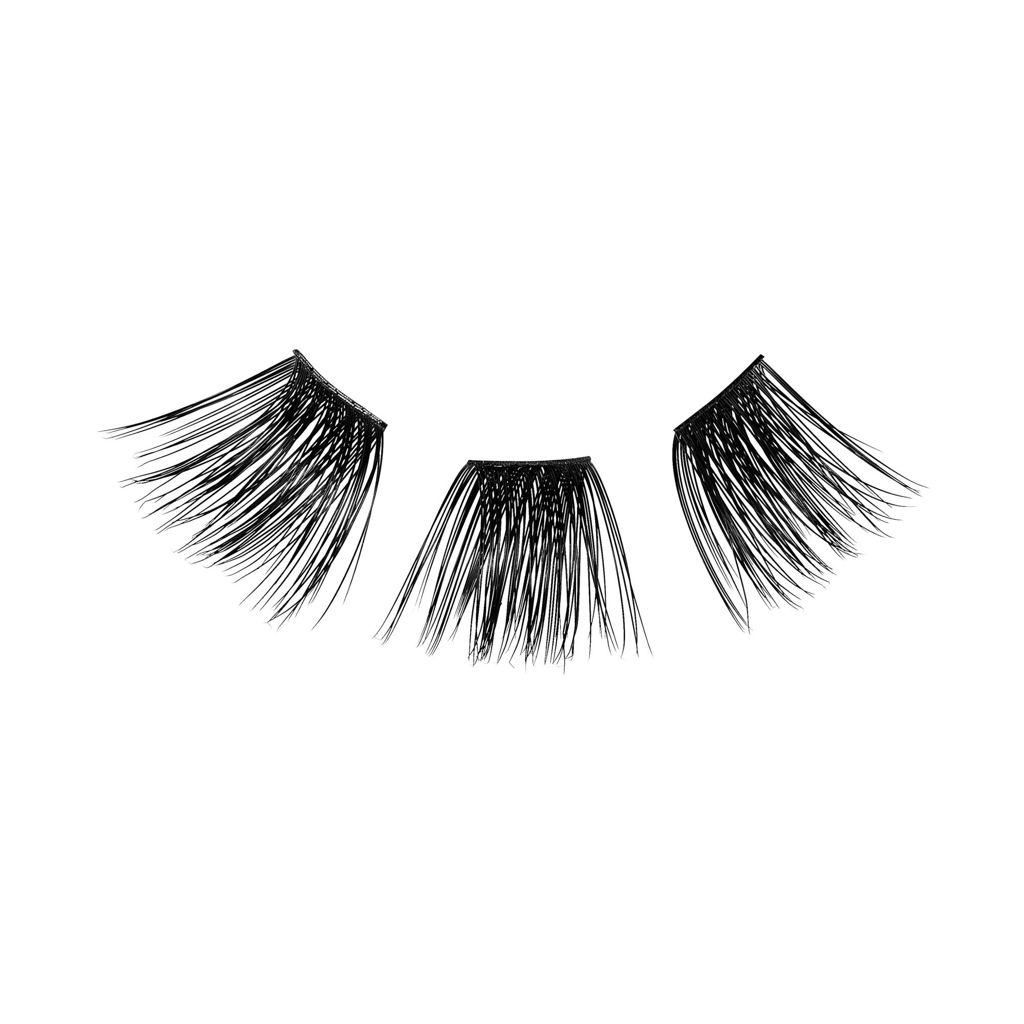 Three black individual false eyelash wisps arranged side by side on a white background, showcasing varying lengths and extra drama volume.