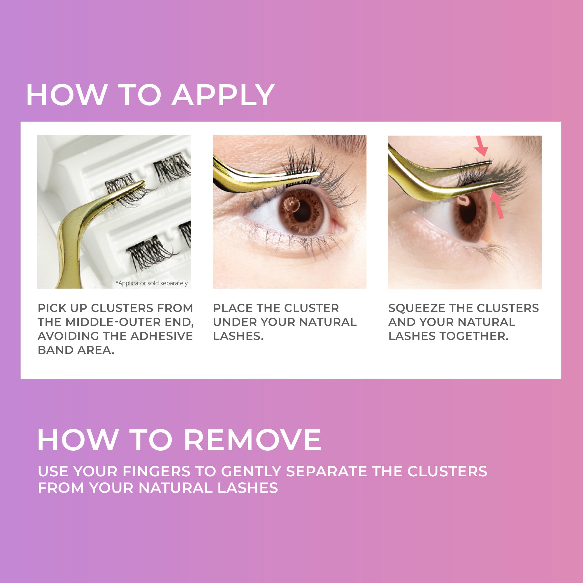 Instructions on a pink gradient background show three images demonstrating applying false eyelash clusters with tweezers: picking clusters while avoiding adhesive band, placing clusters under natural lashes, and squeezing them together.