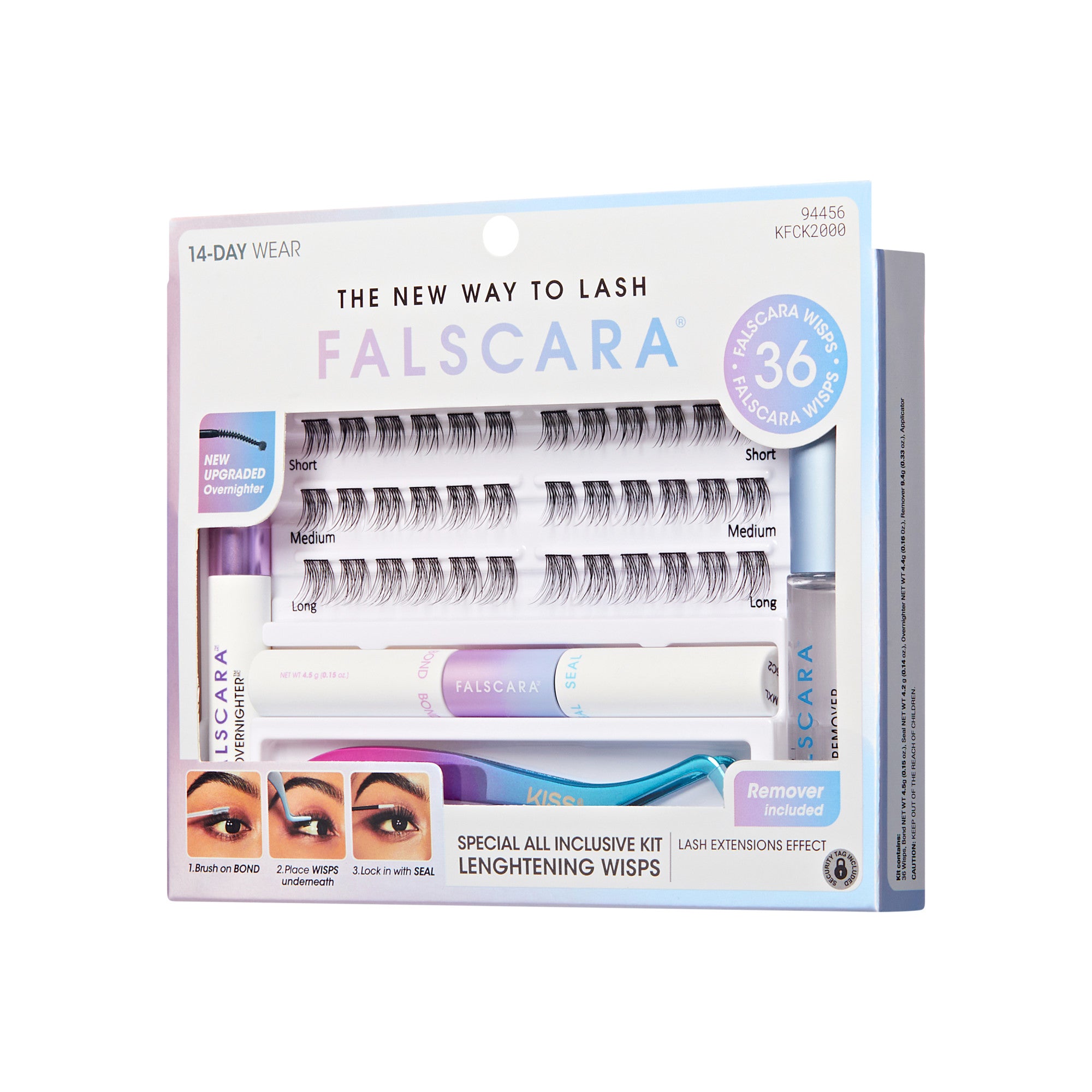 The image features a packaging for a product called "Falscara," which is a lash extension kit designed for a 14-day wear. The kit includes various lengths of false lashes labeled as "Short," "Medium," and "Long." It also contains a remover and a wand for application. The packaging highlights the ease of use and the special all-inclusive nature of the kit, promoting a lengthening effect for the lashes. The design is colorful and visually appealing, aimed at attracting customers interested in enhancing their