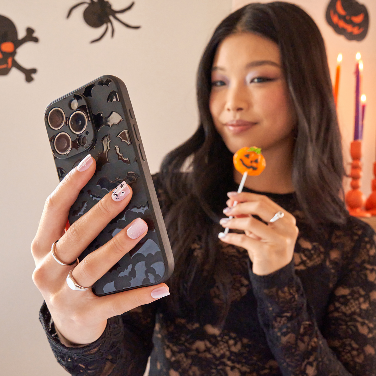 Impress Design Halloween No Glue Fake Press On Nails - Broom & Bloom | Design, Pink, Short, Squoval, Glow In The Dark, Manicure