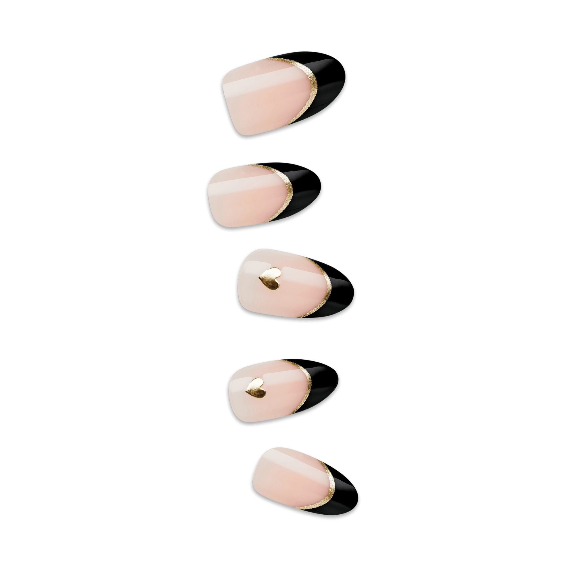 Five artificial press-on nails displayed vertically, featuring a French manicure style with a soft nude base, black tips, gold accent lines, and two nails adorned with small gold heart embellishments.