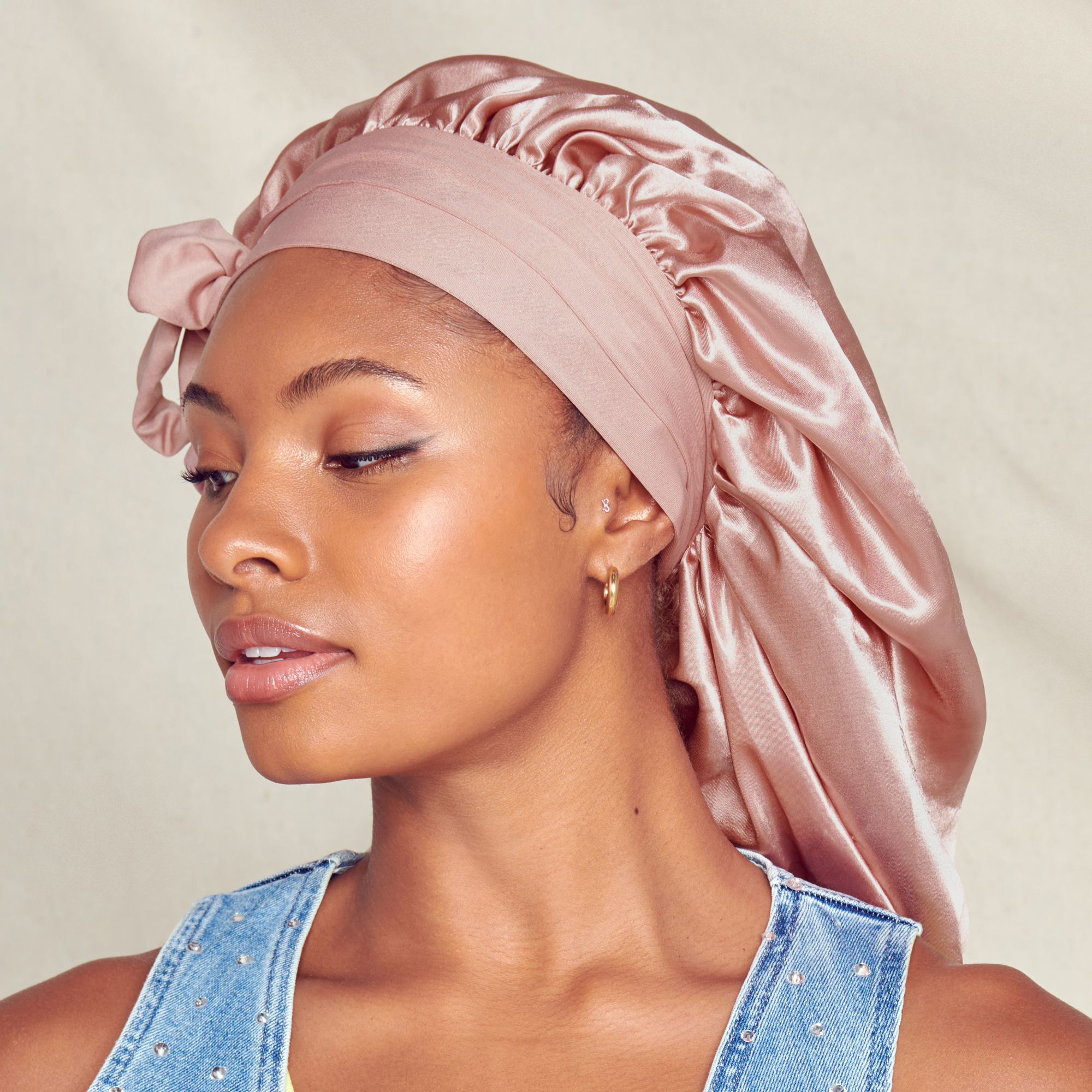 Kiss Colors & Care Silky Satin Tie Band Braid Edge Bonnet - Dust Pink