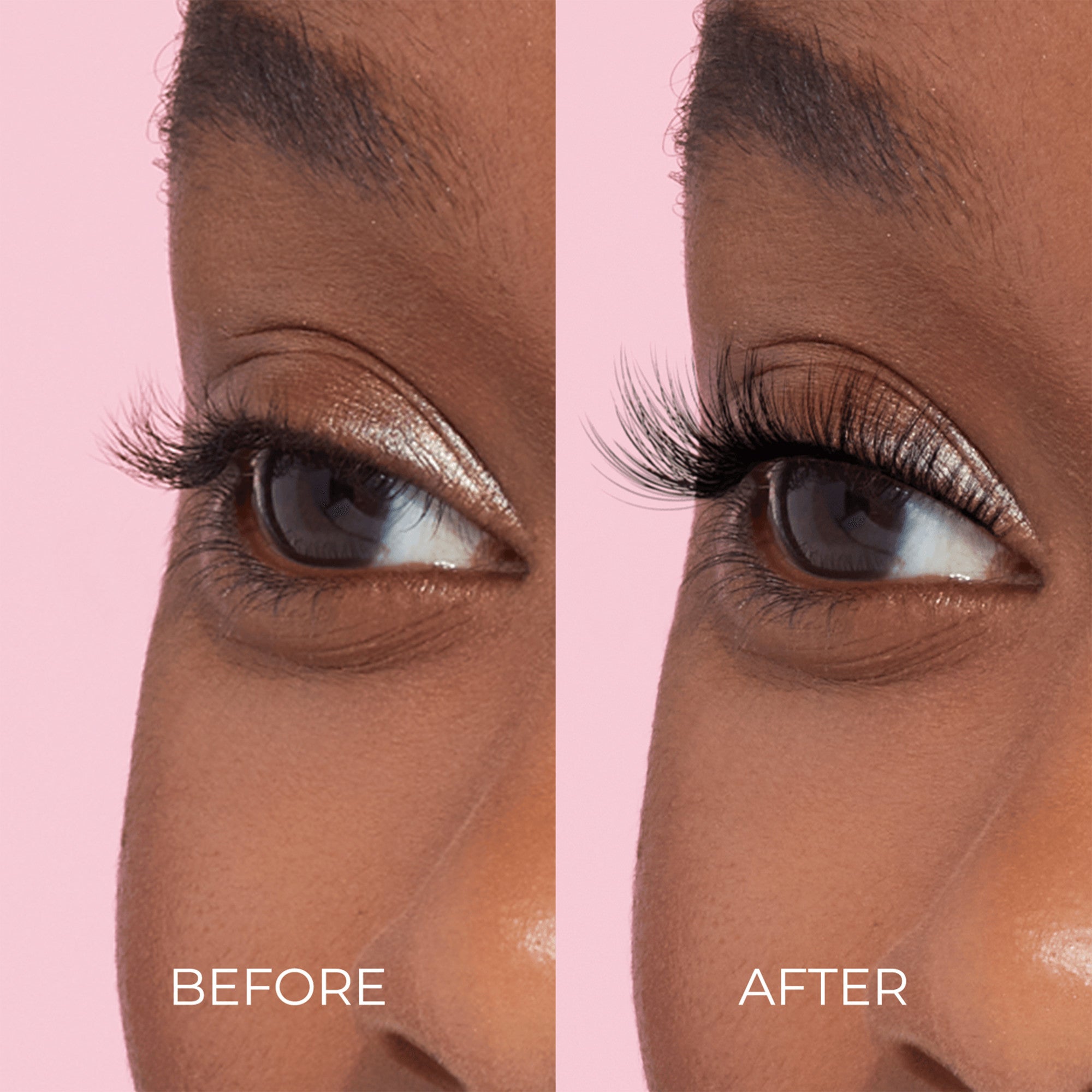 Close-up side-by-side comparison of a brown eye with natural lashes on the left labeled \