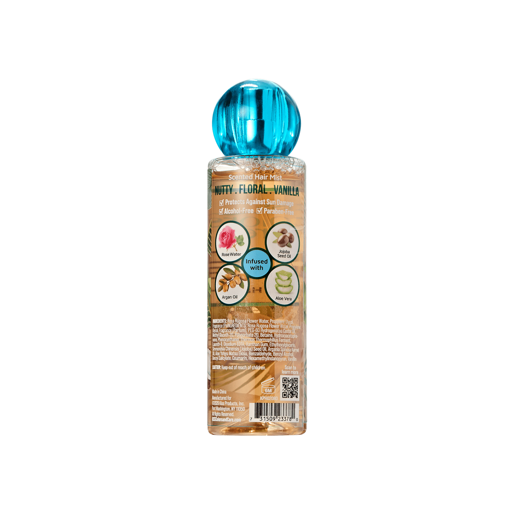 Clear 4 oz bottle of KISS Colors & Care Clean Fragrance Hair Veil Mist in Toasted Lumière with blue round cap, highlighting nutty, floral, vanilla scent and sun protection.